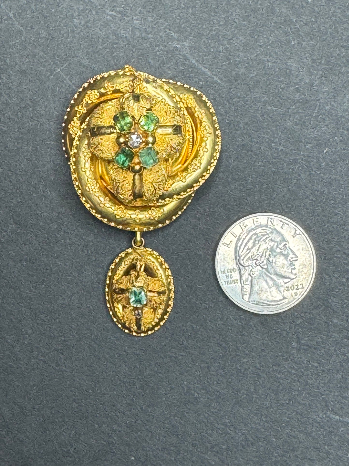 18k Iberian Emerald and Diamond Mid 1800s Sentimental Love Knot Pendant