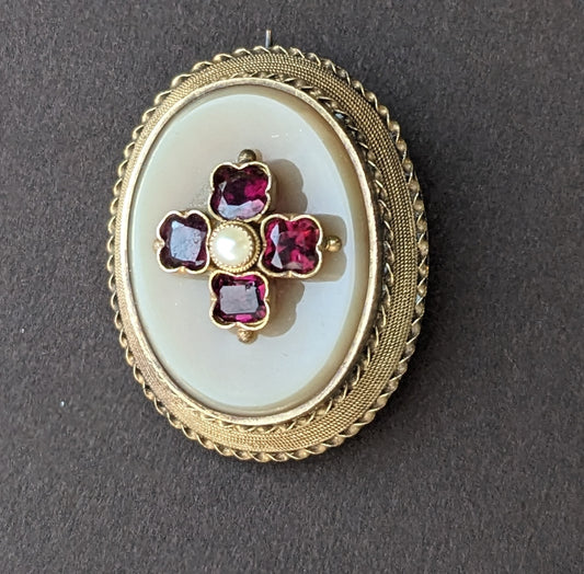 18k Victorian Gold,ruby, Agate, and Pearl Brooch