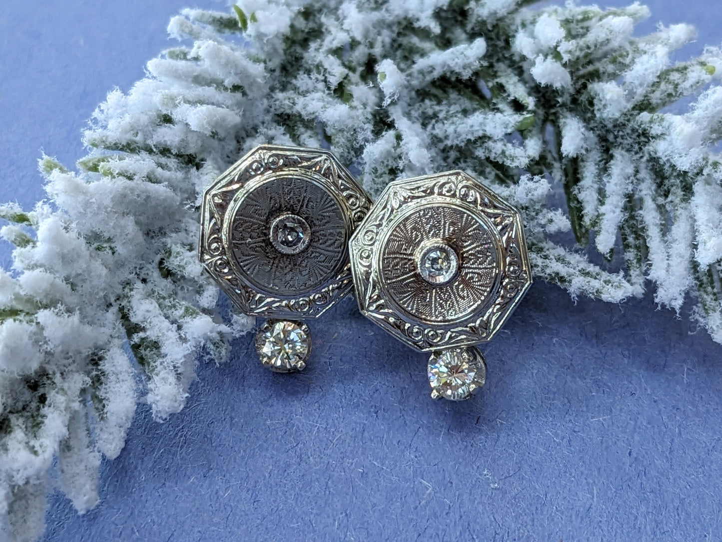 Art Deco diamond leverback earrings 14k