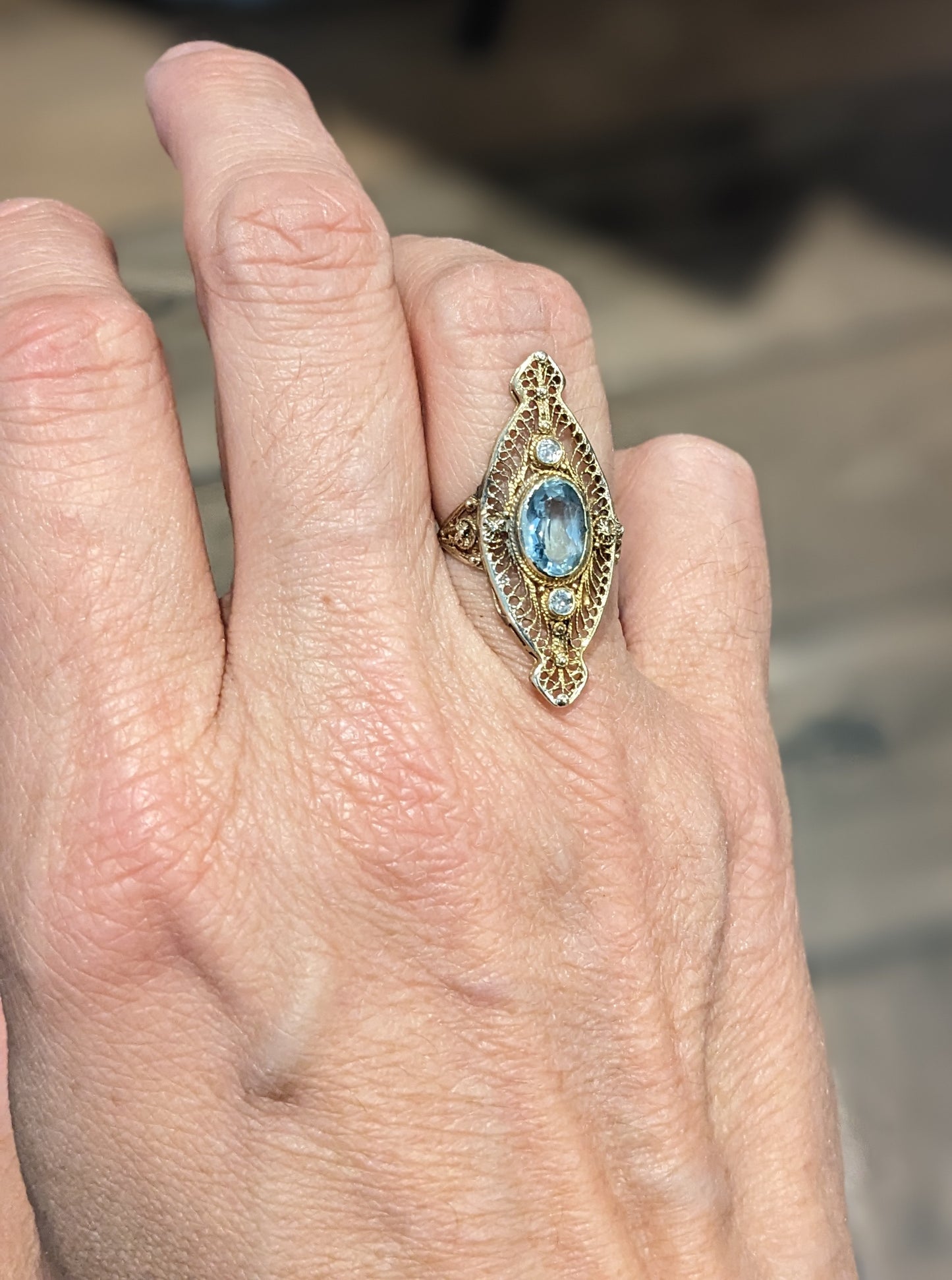 14k Filigree Navette Ring with Blue Topaz and Diamonds