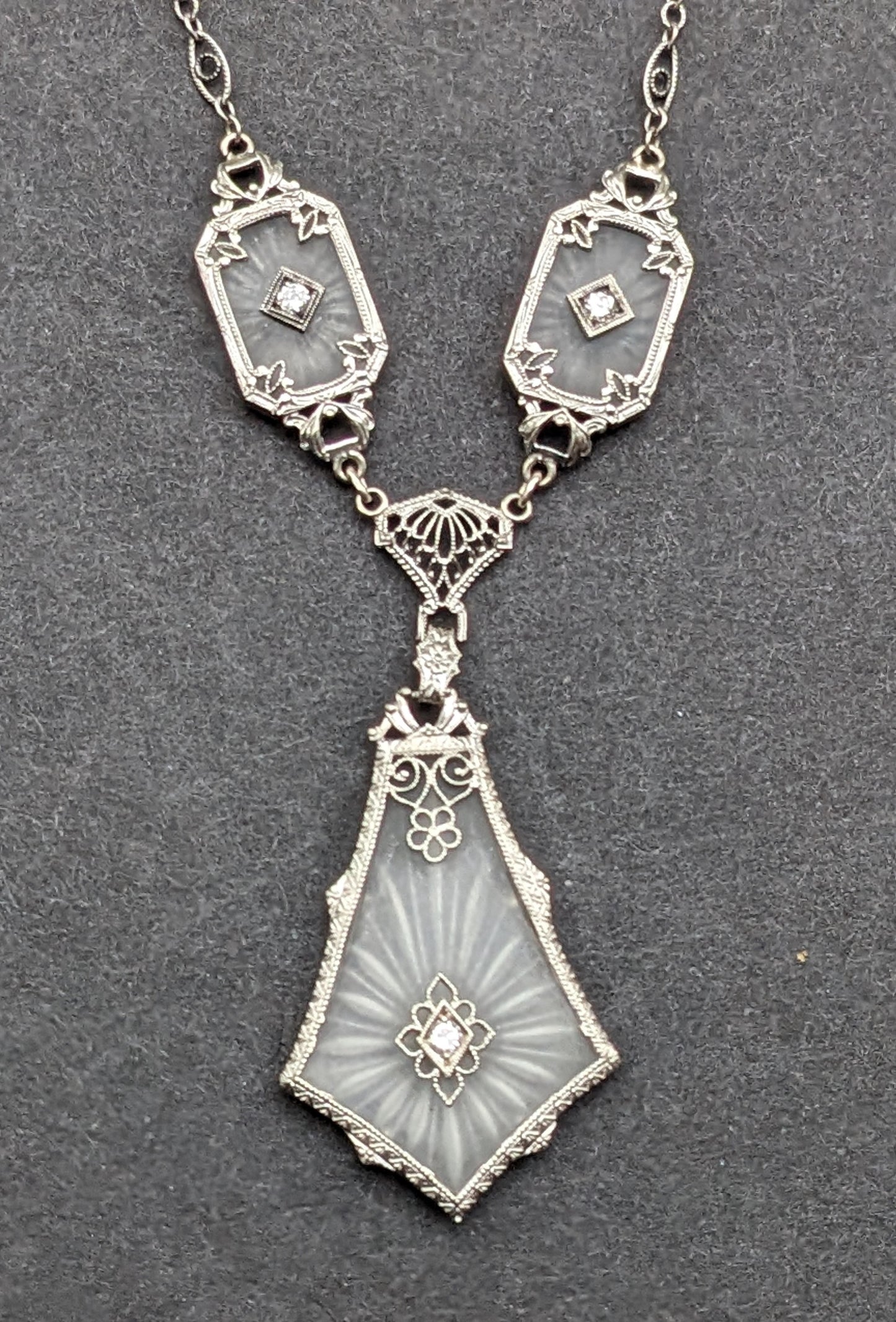 White gold Camphor glass necklace with diamonds and original chain