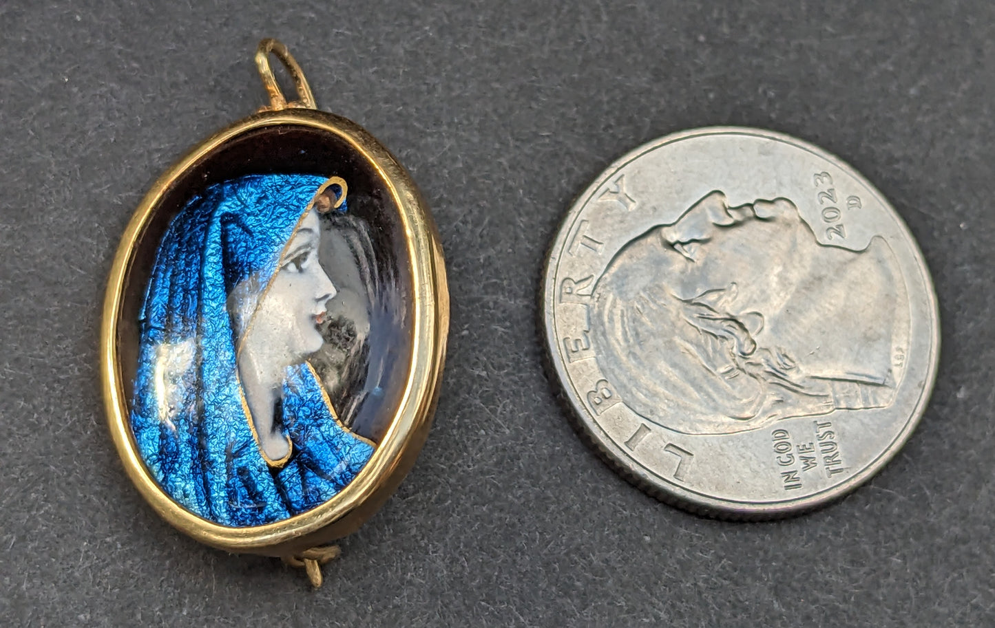 Enamel Mary in blue mantle earrings