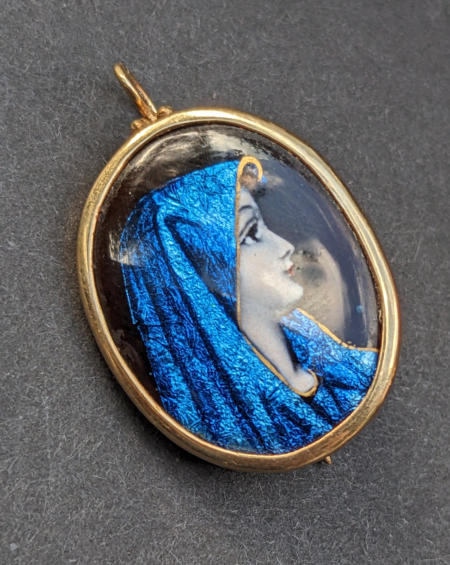 Enamel Mary in blue mantle earrings