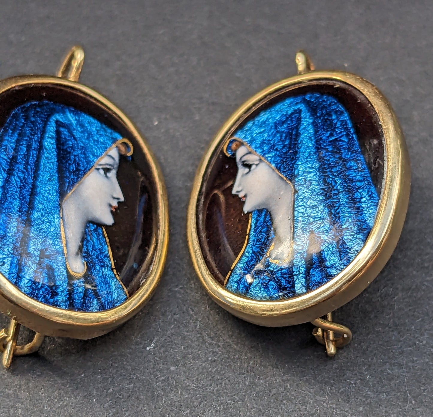 Enamel Mary in blue mantle earrings