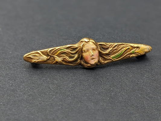 14K Art Nouveau Brooch 14K Enamel Lady with Hair