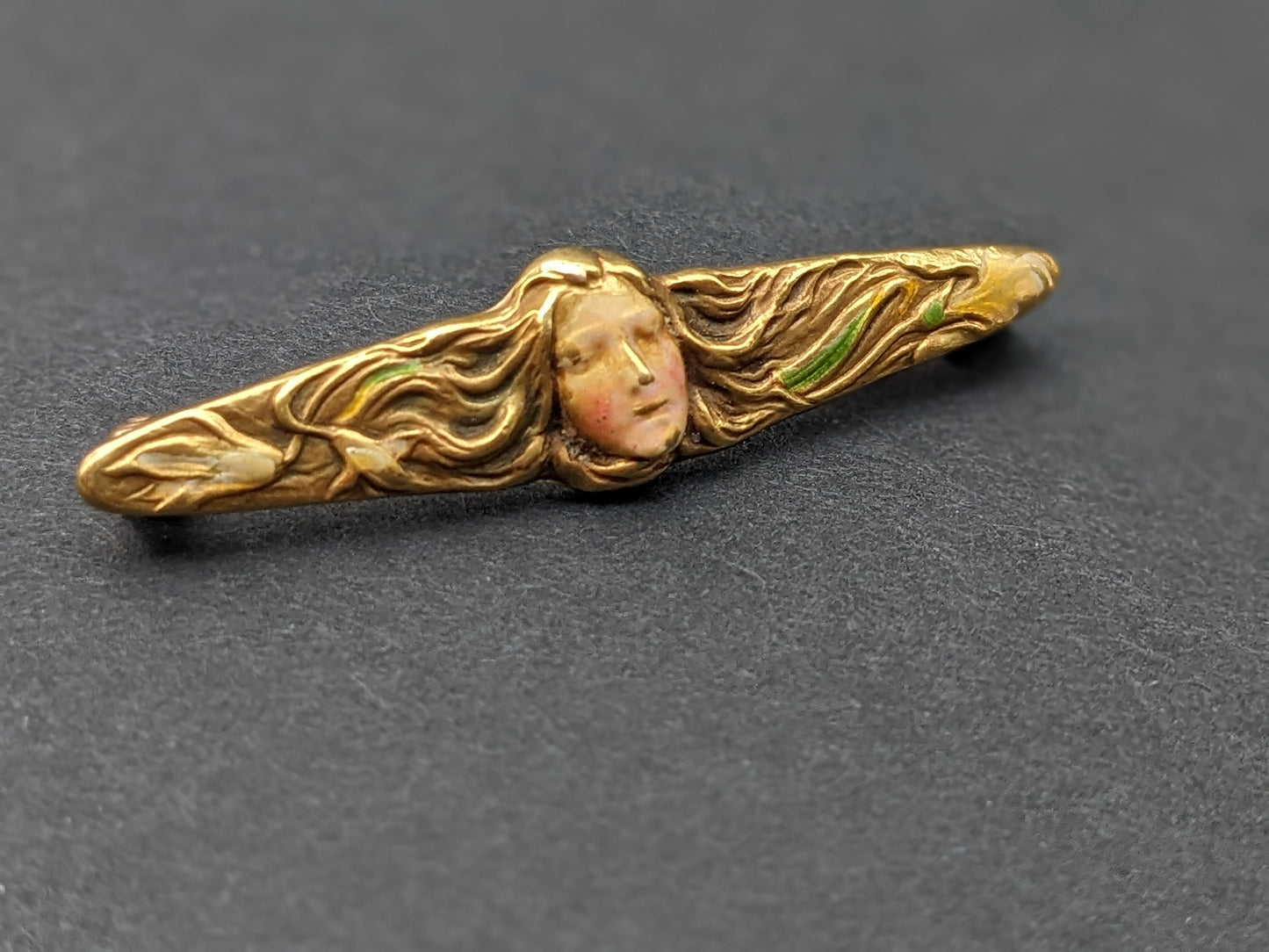 14K Art Nouveau Brooch 14K Enamel Lady with Hair