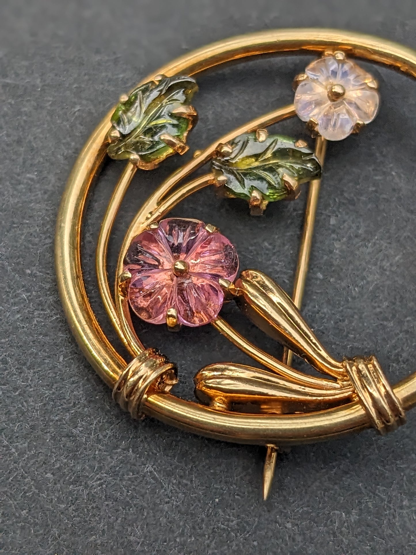 Carved tourmaline 14k floral brooch