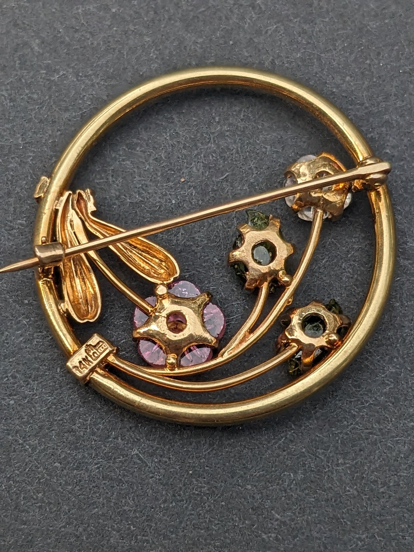 Carved tourmaline 14k floral brooch