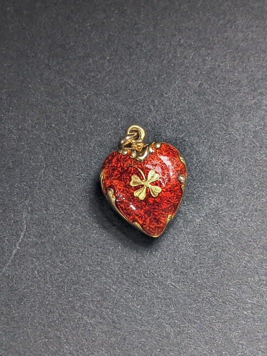 Red Enamel 14K Heart with Shamrock Charm