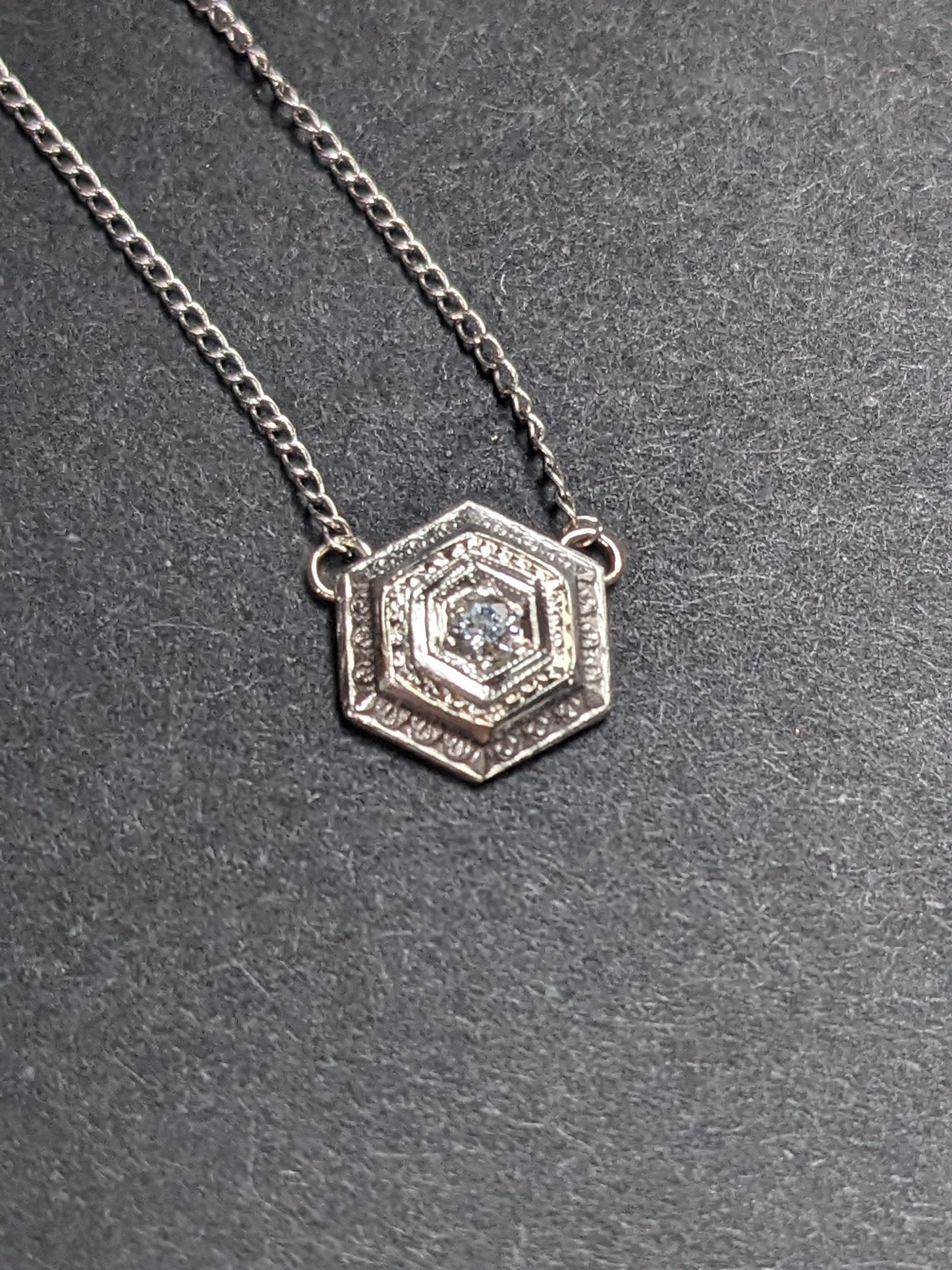 14K White Gold Art Deco Hexagon Old European Diamond Necklace