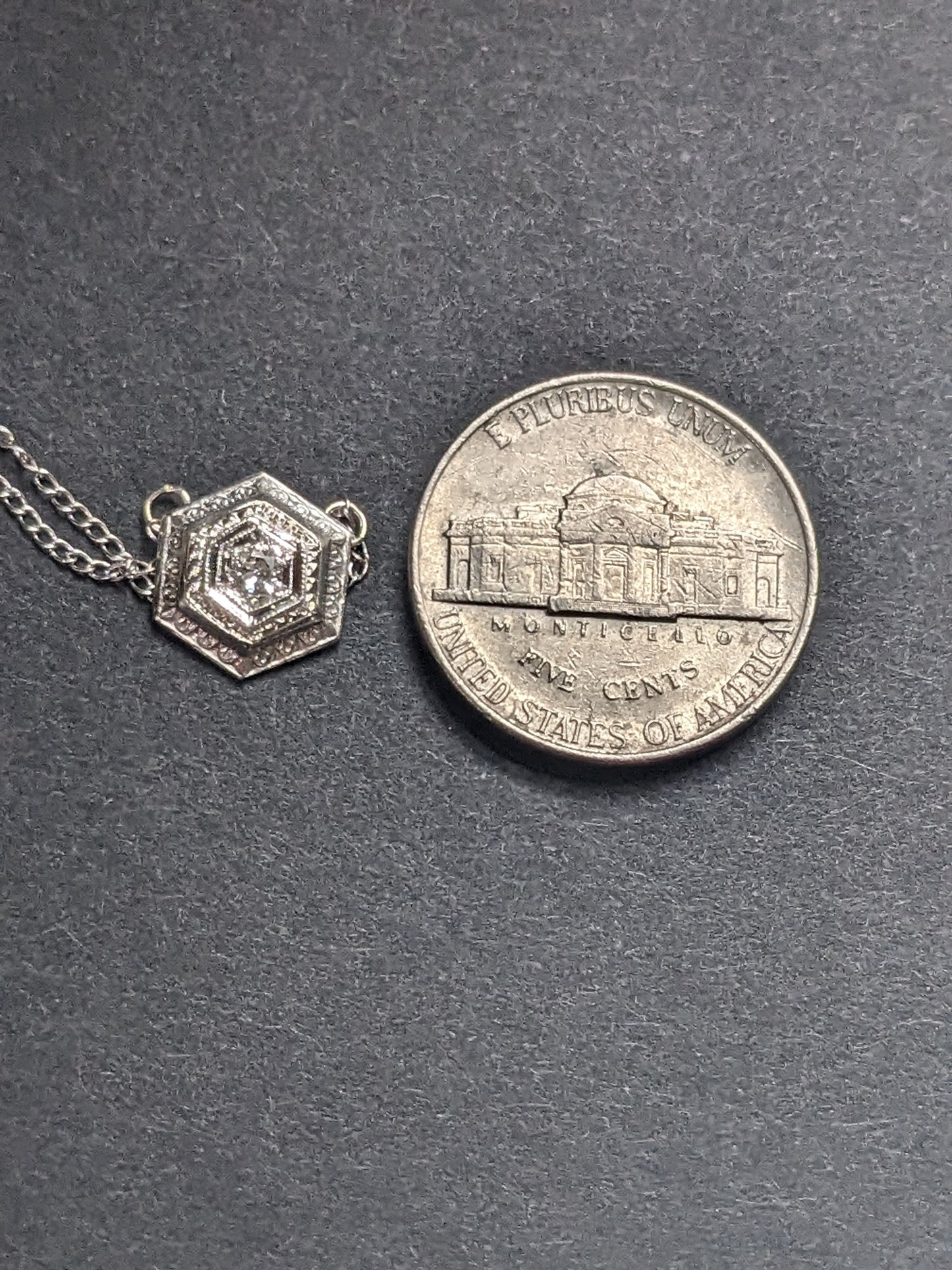 14K White Gold Art Deco Hexagon Old European Diamond Necklace