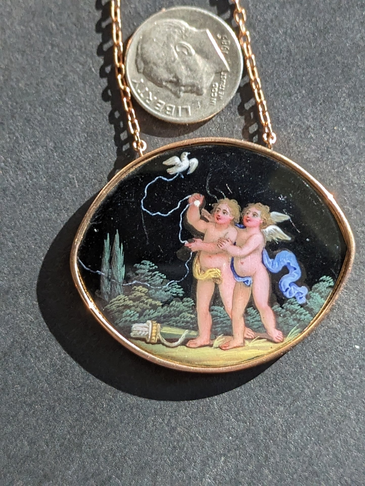 18k Rose Gold Portuguese Enamel Cherubs Pendant and Chain