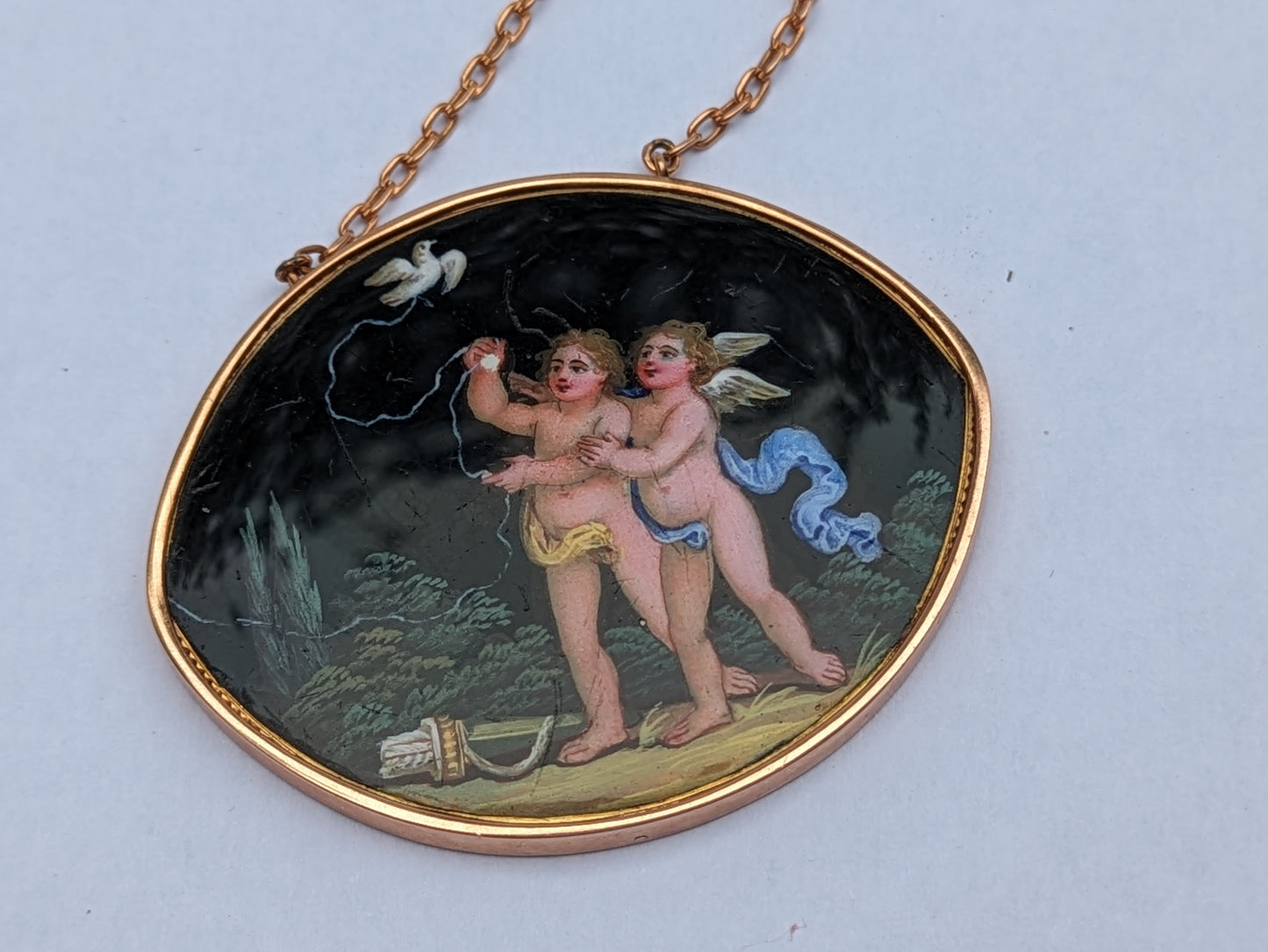 18k Rose Gold Portuguese Enamel Cherubs Pendant and Chain