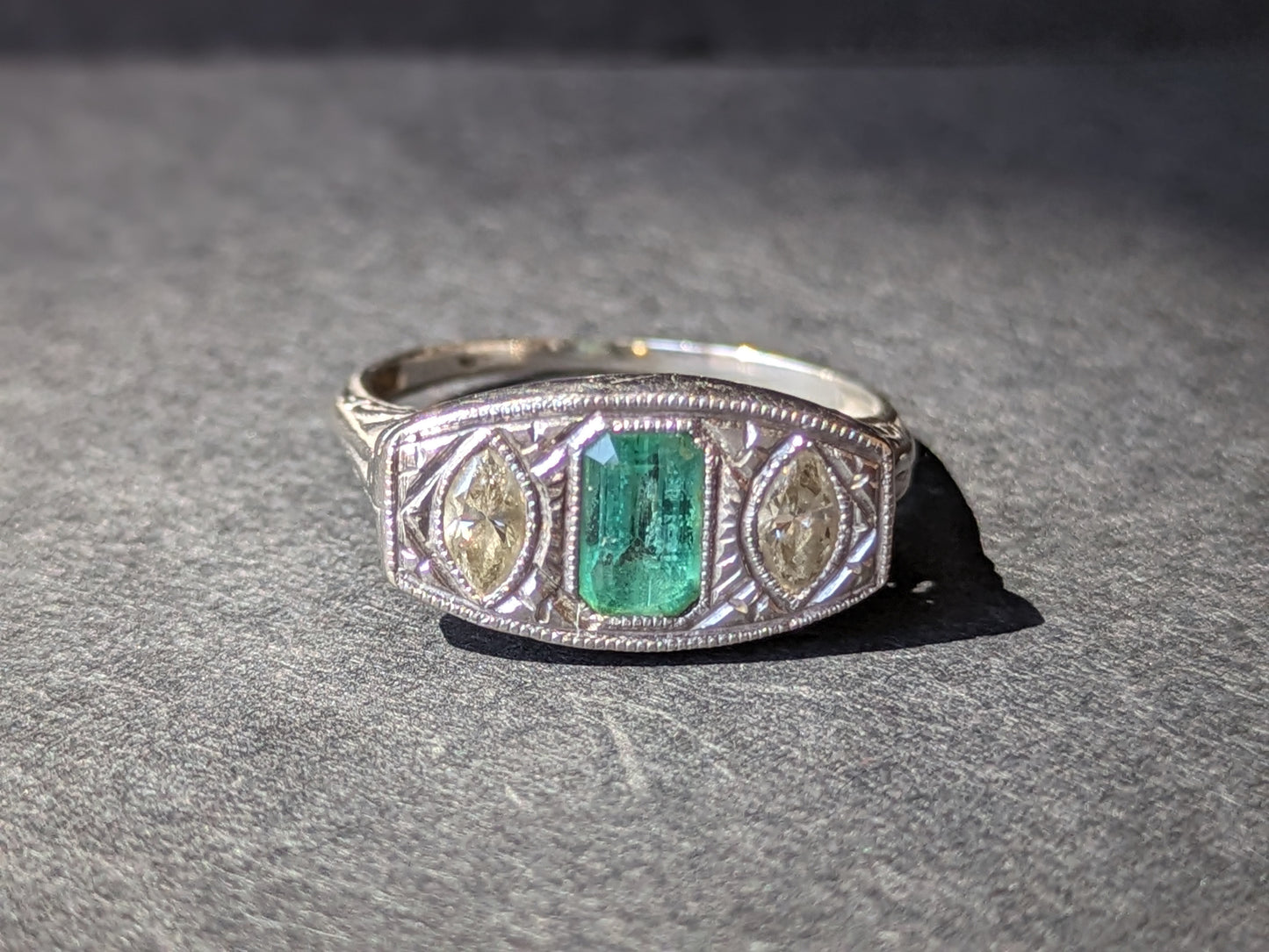 Edwardian filigree Three Stone ring with emerald and diamond