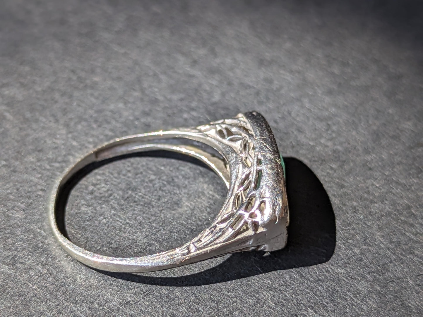 Edwardian filigree Three Stone ring with emerald and diamond