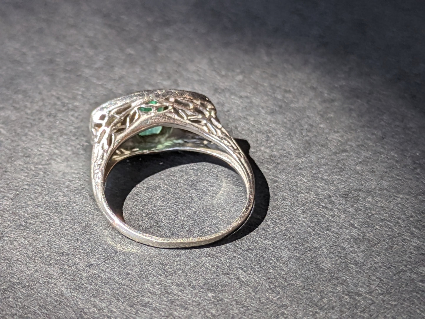 Edwardian filigree Three Stone ring with emerald and diamond