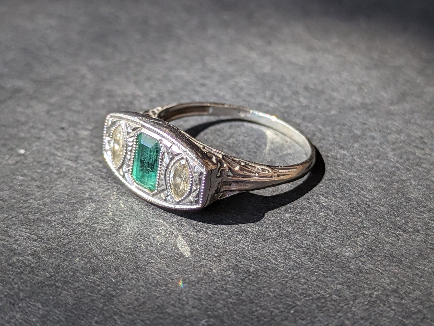 Edwardian filigree Three Stone ring with emerald and diamond