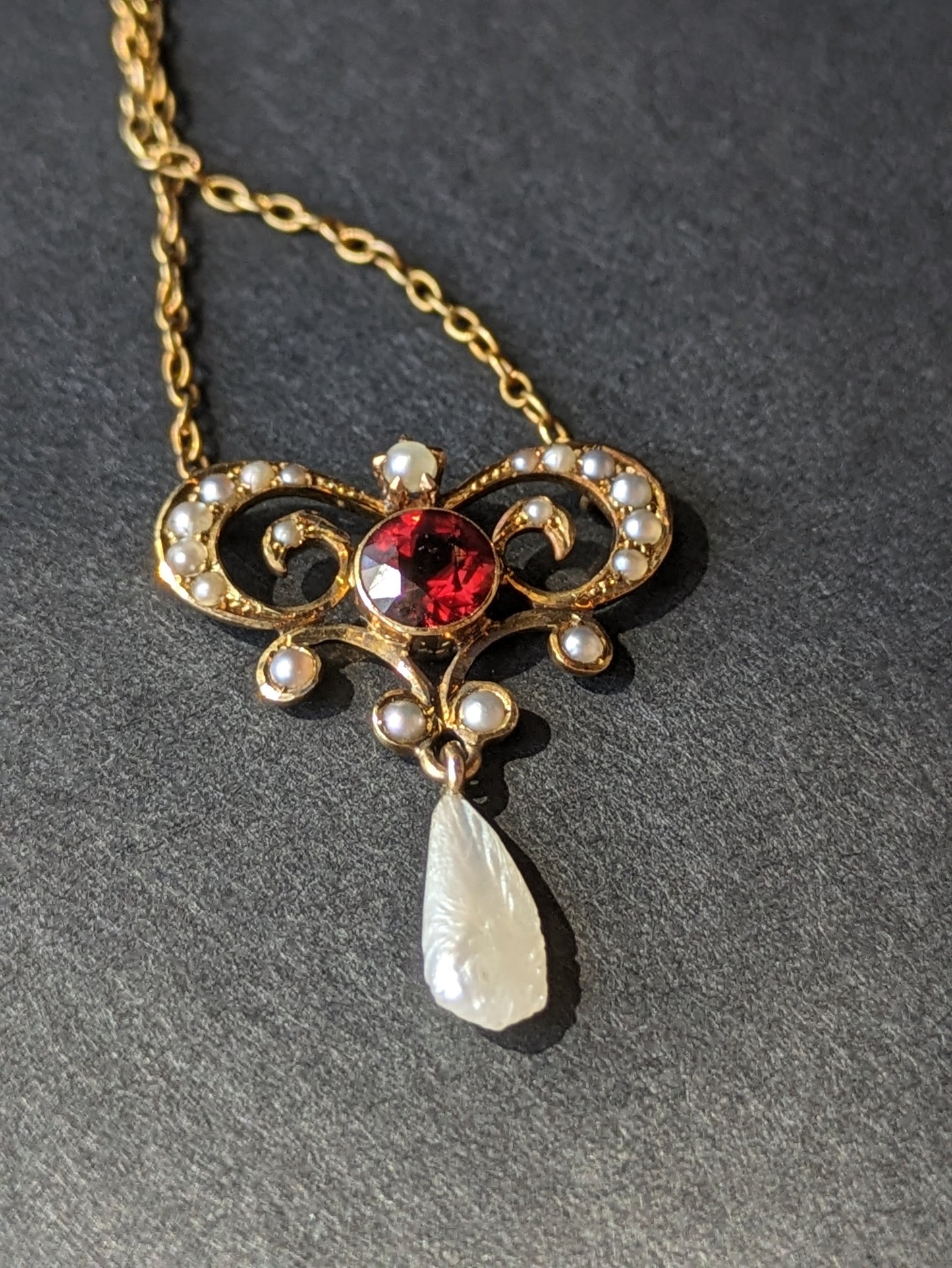 14K Garnet Art Nouveau Necklace with Seed Pearl