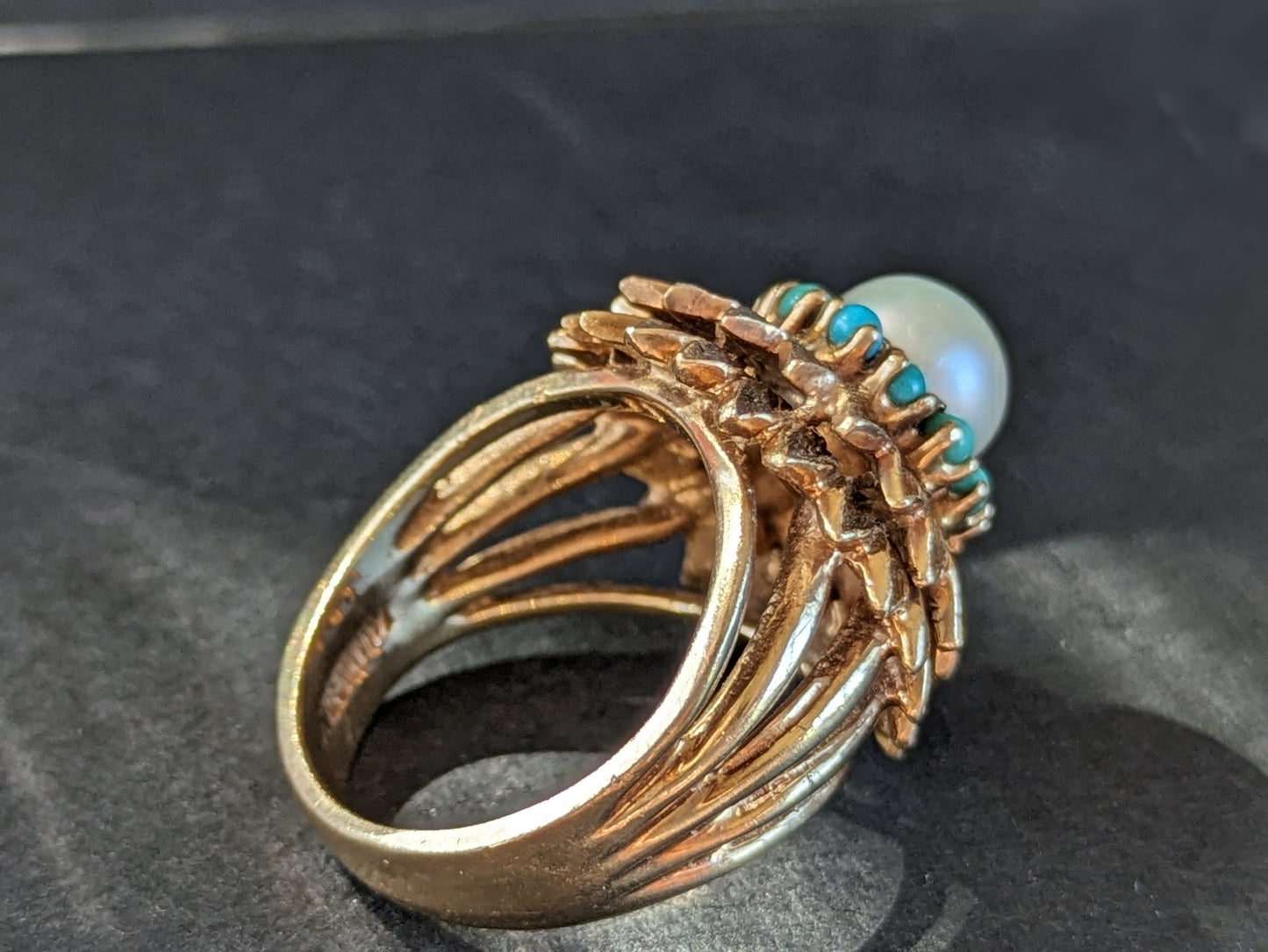 Turquoise pearl flower ring 10K