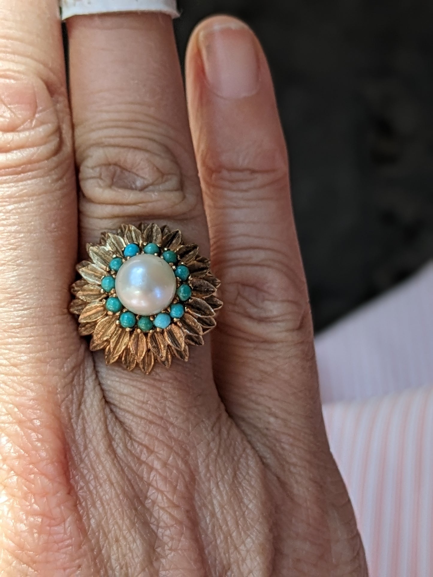 Turquoise pearl flower ring 10K