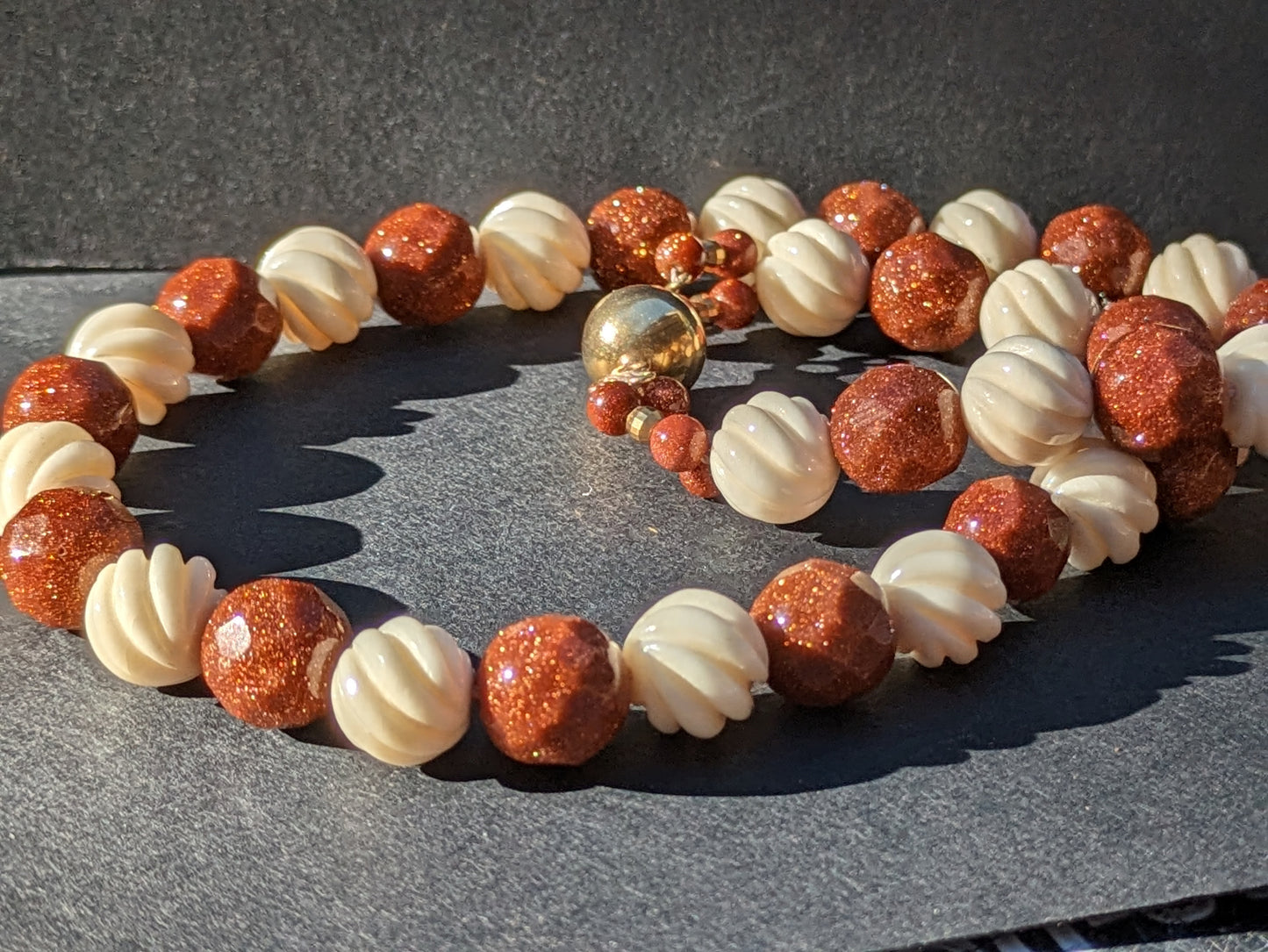 Goldstone and Carved bone Bead Necklace