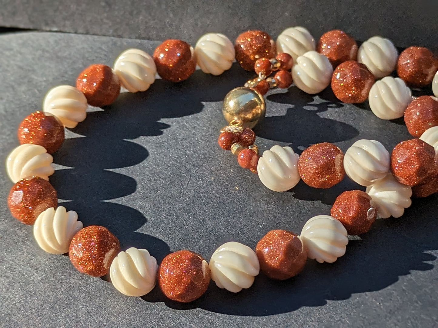 Goldstone and Carved bone Bead Necklace