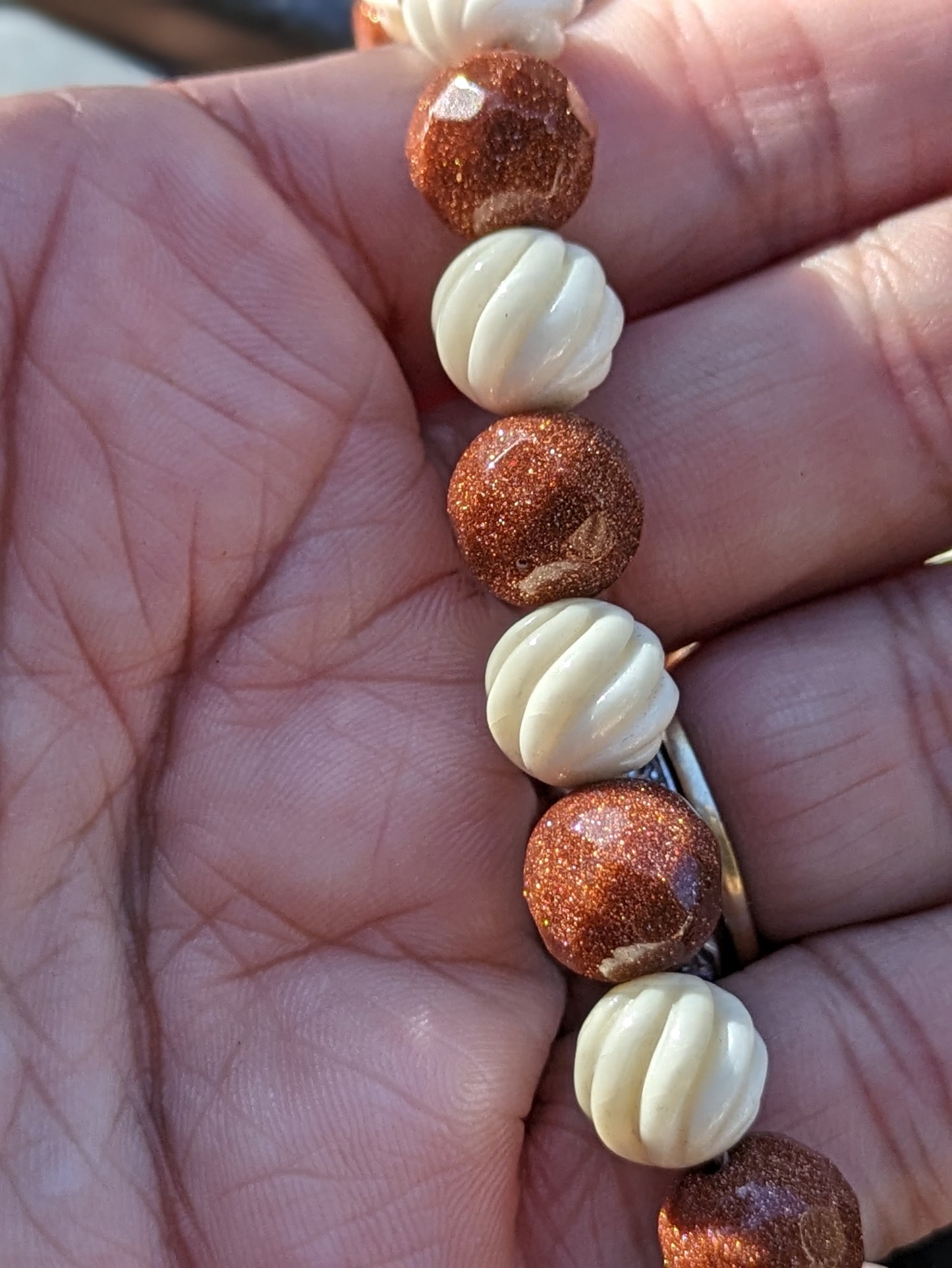 Goldstone and Carved bone Bead Necklace