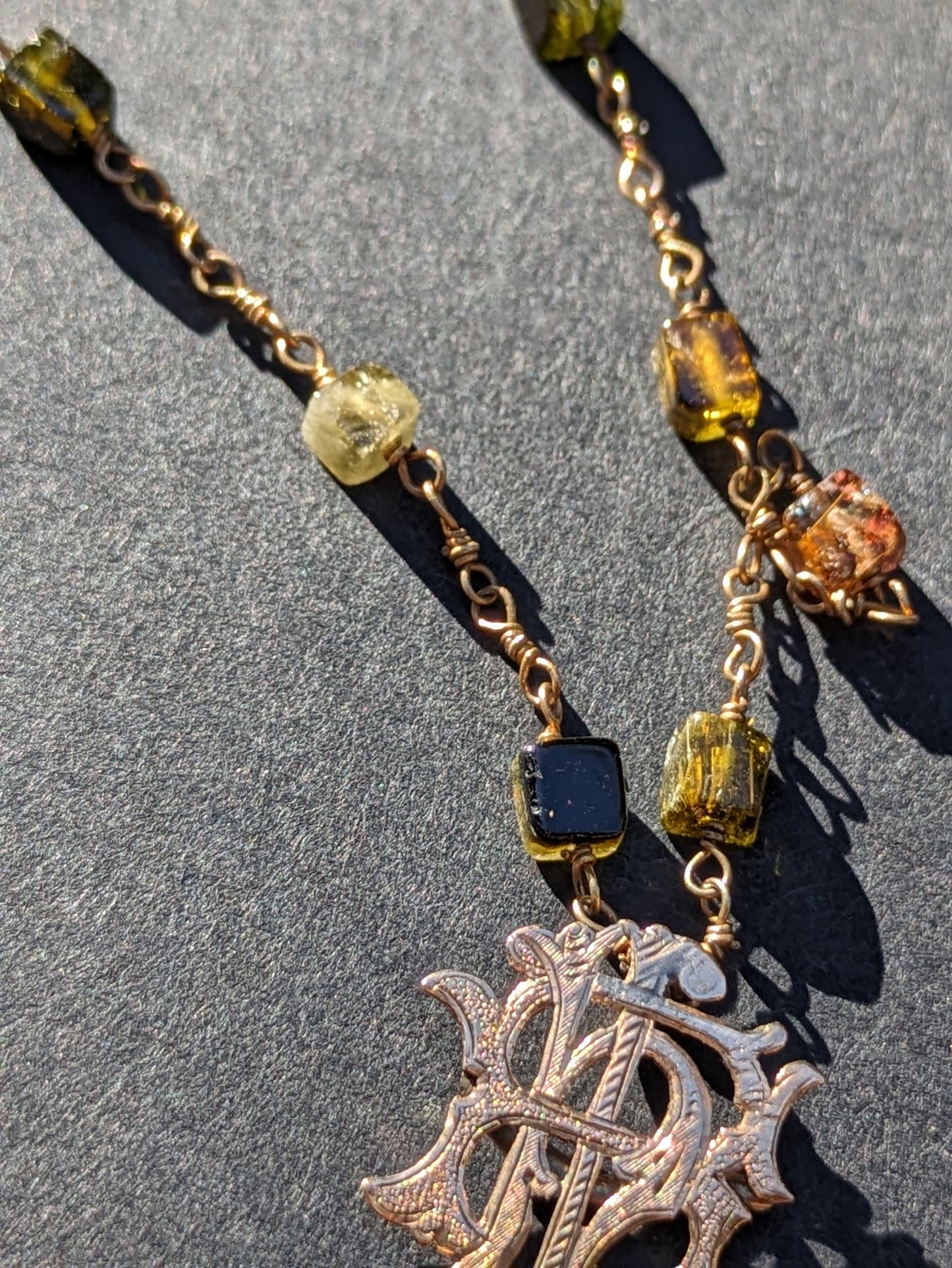 15k English Monogram on Tourmaline and 14k Chain