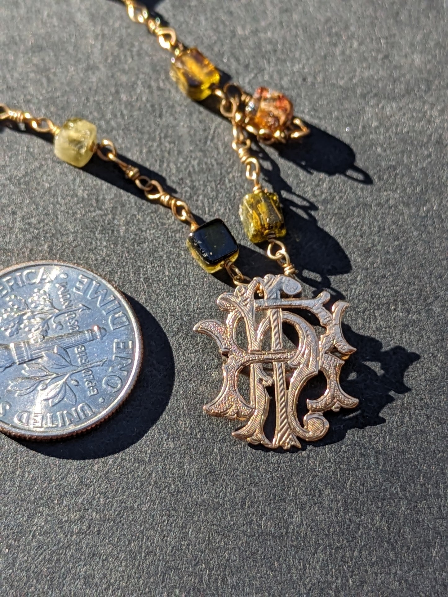 15k English Monogram on Tourmaline and 14k Chain