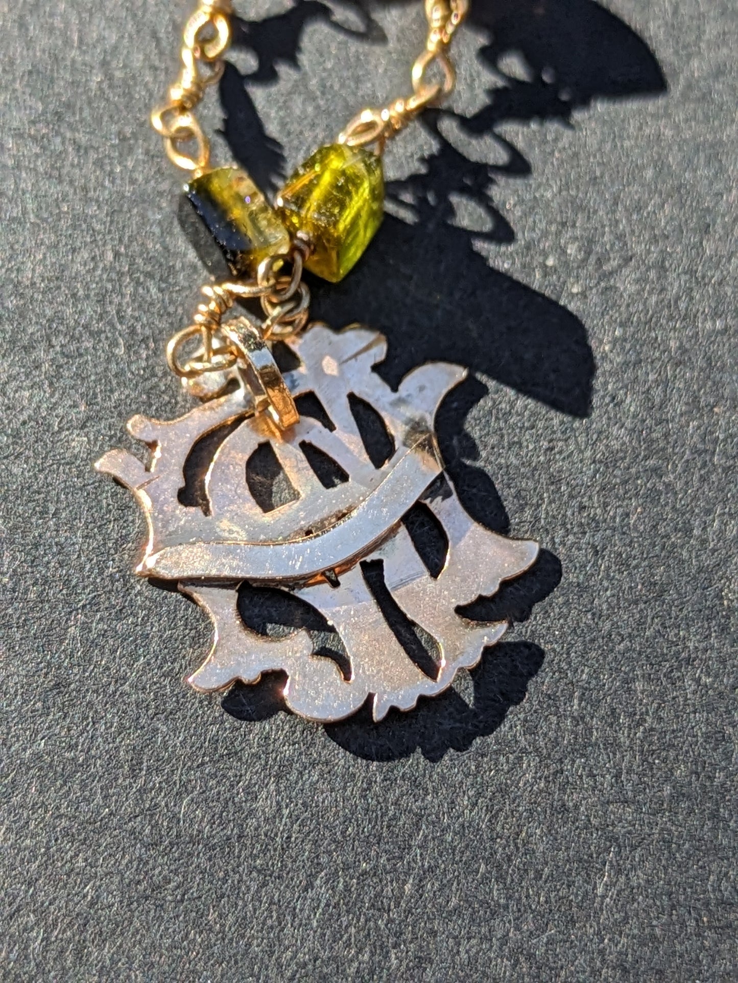 15k English Monogram on Tourmaline and 14k Chain