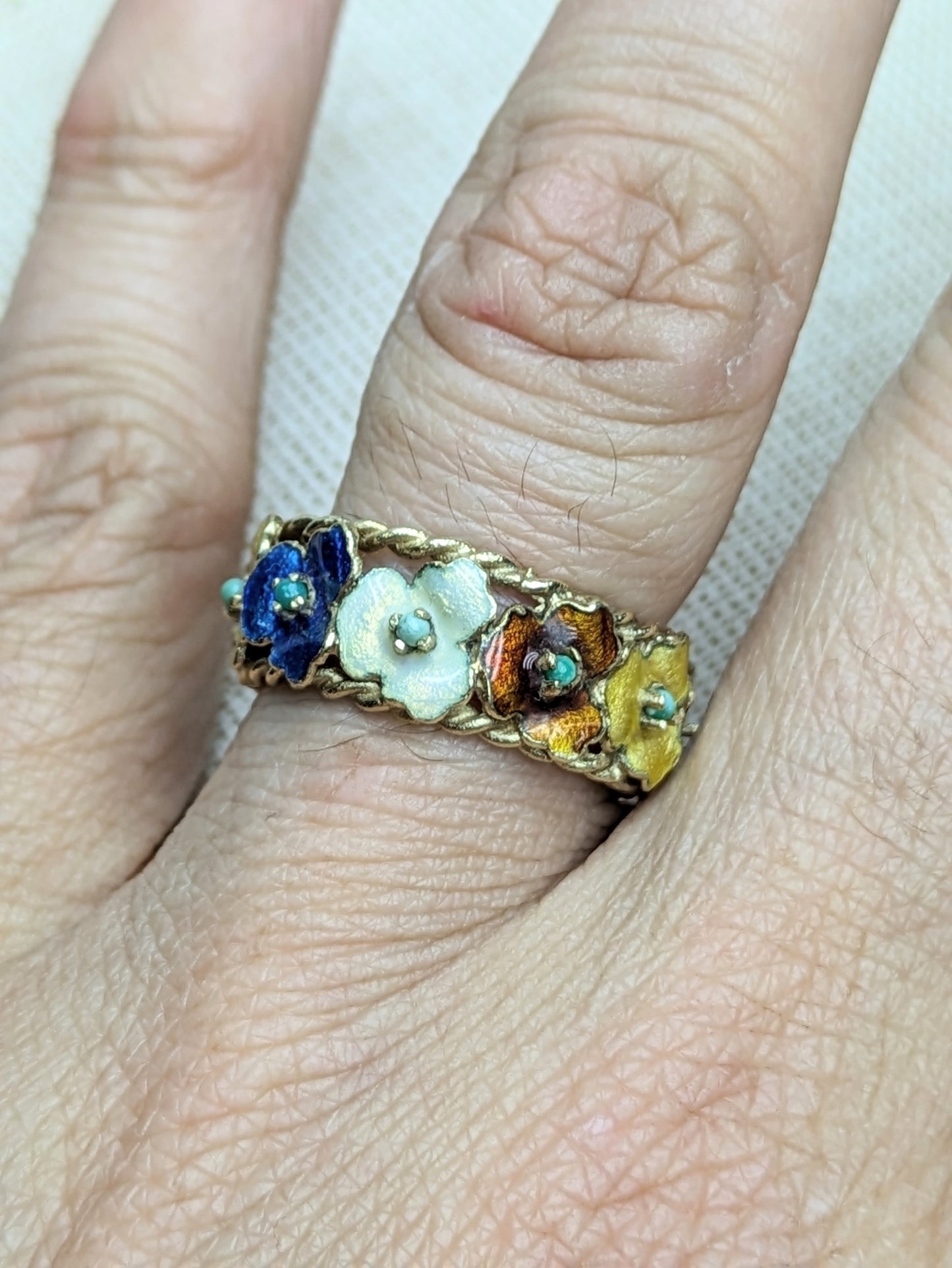 14K enamel flower ring wide band