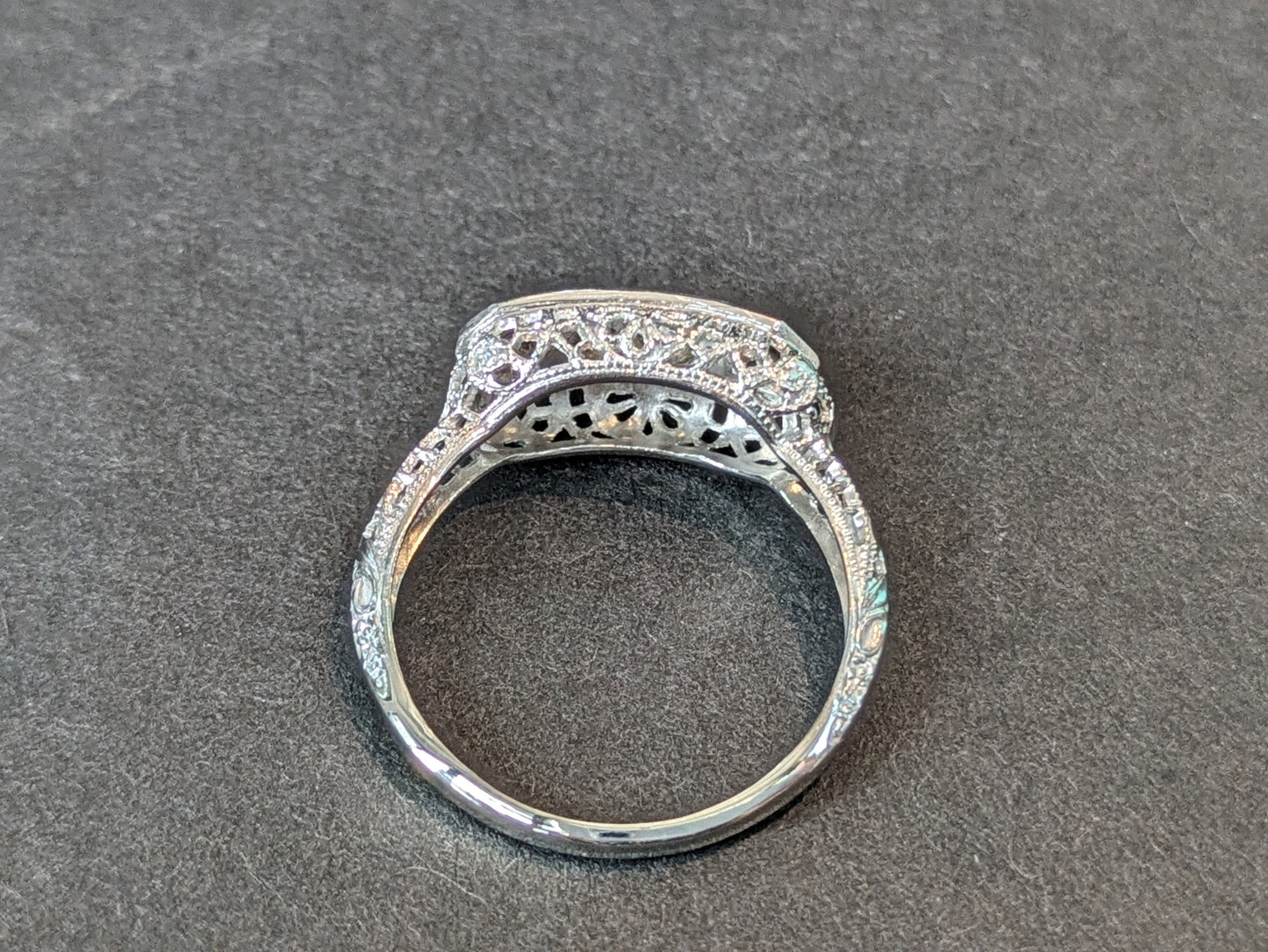 Edwardian white gold filigree Three stone Old European Cut diamond ring