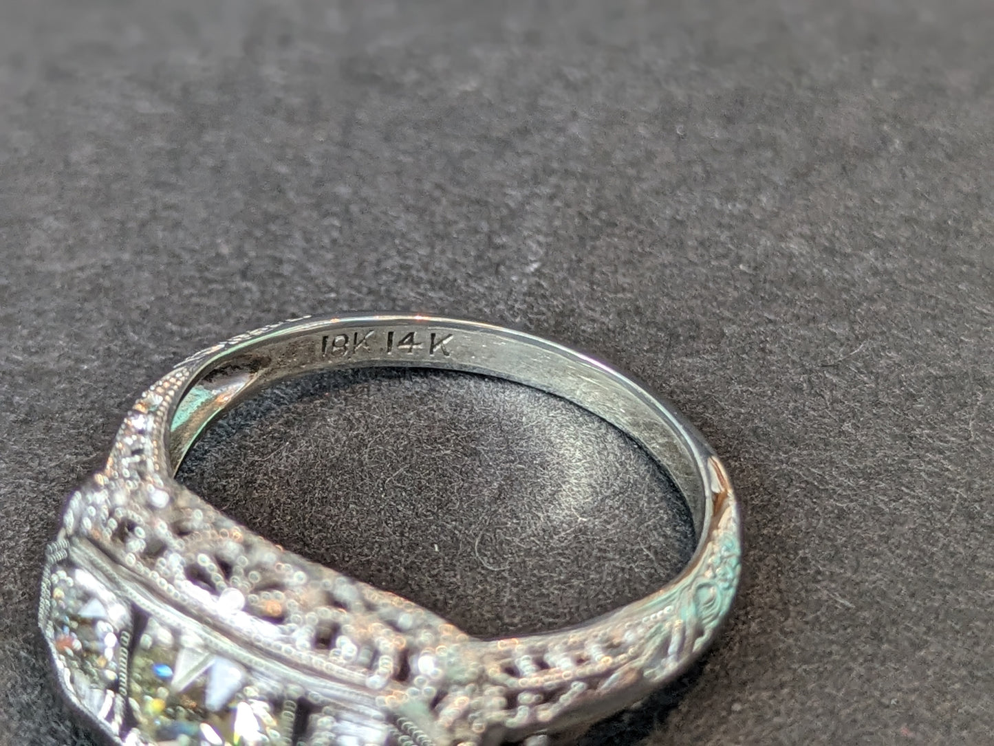 Edwardian white gold filigree Three stone Old European Cut diamond ring