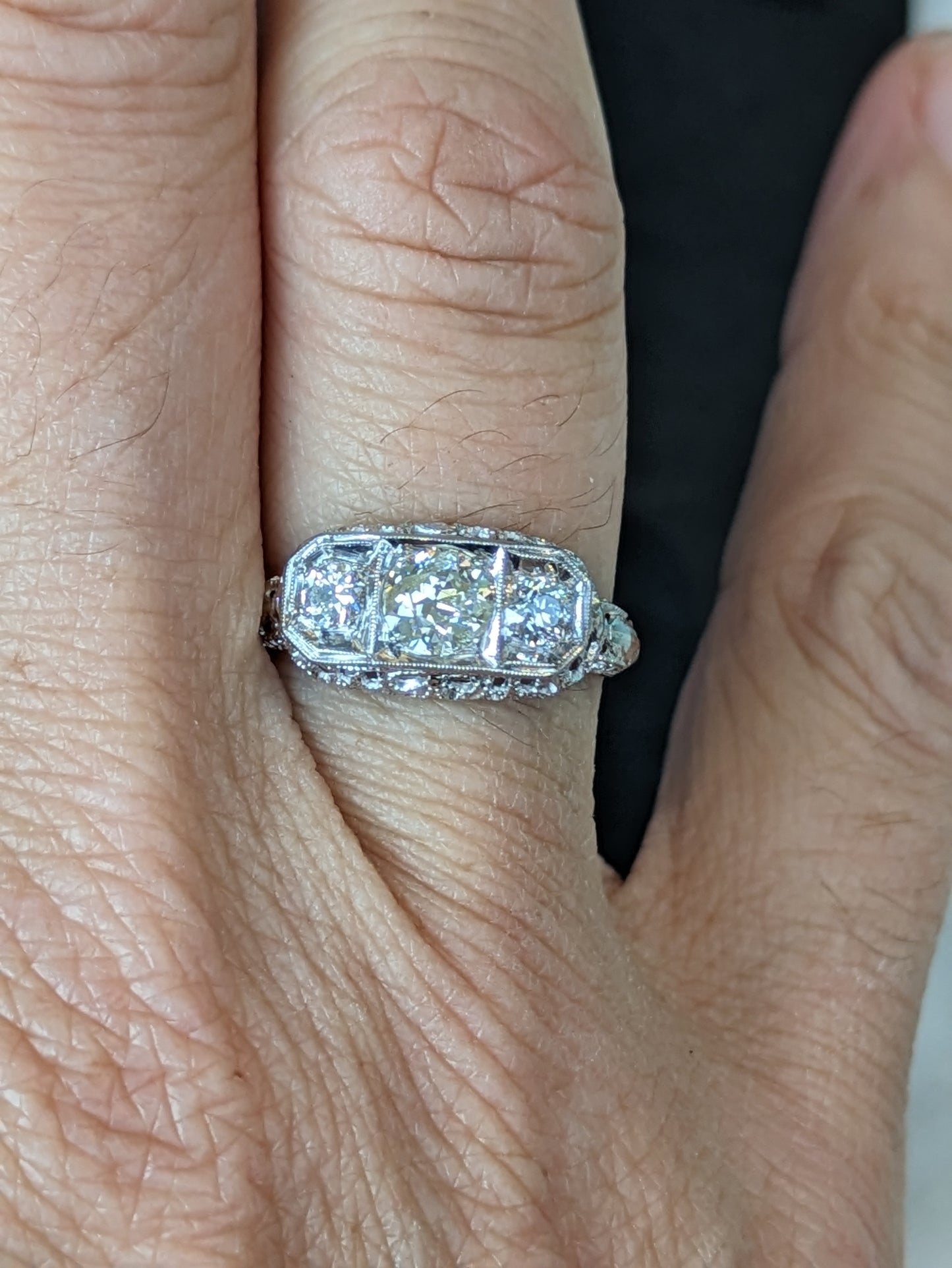 Edwardian white gold filigree Three stone Old European Cut diamond ring
