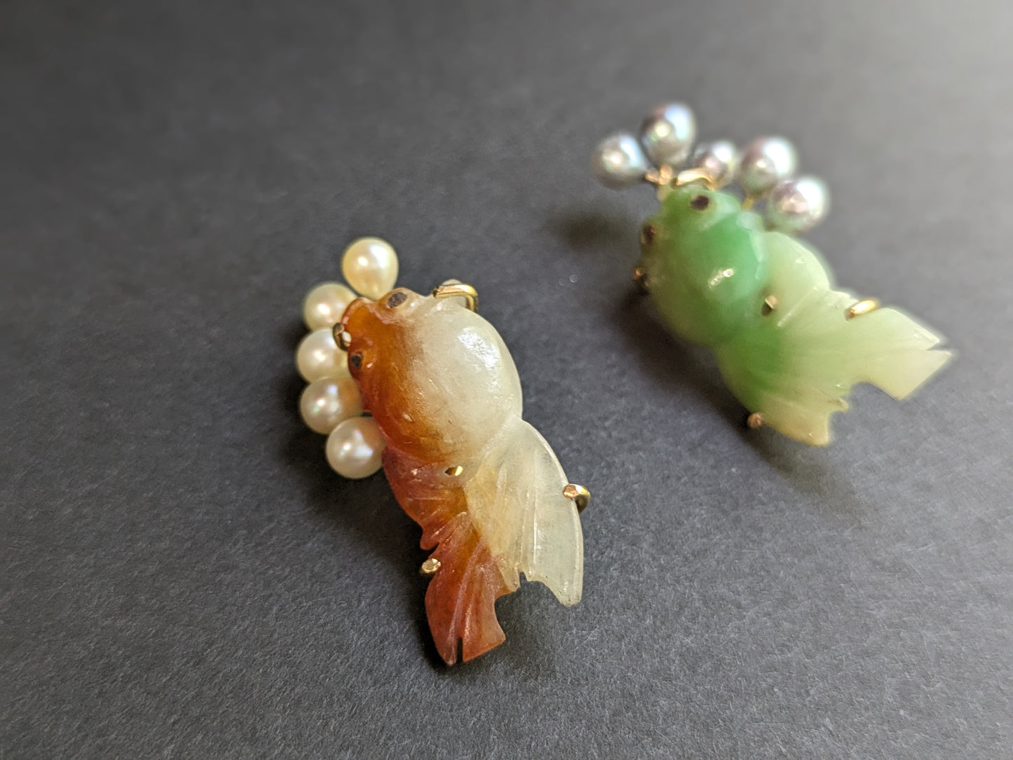 Carved koi and pearl 14k earrings