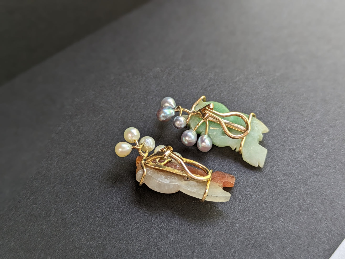 Carved koi and pearl 14k earrings