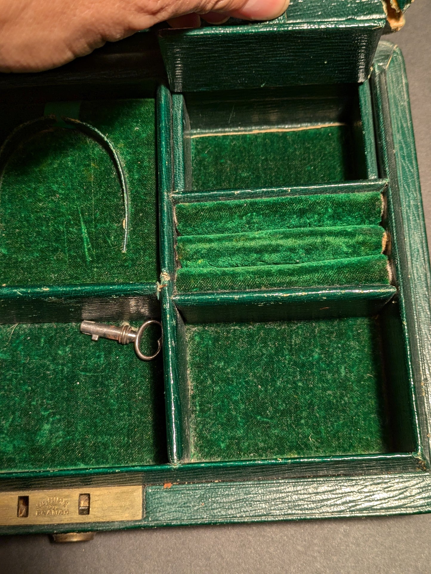 Antique Green leather covered jewelry travel box