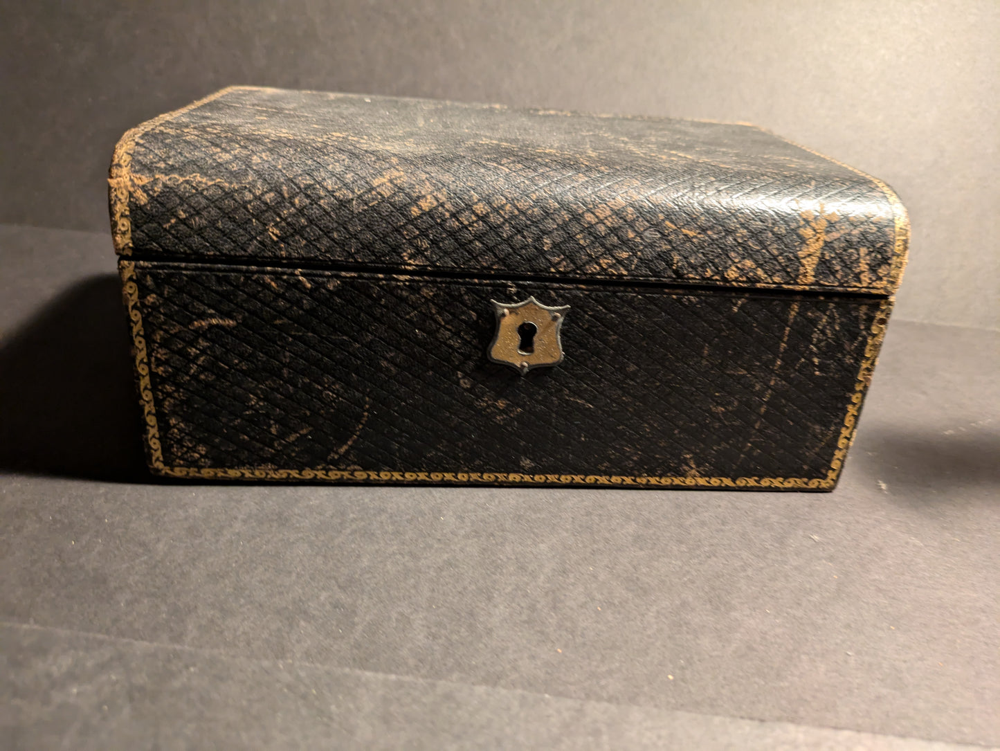 Antique Dark Gray Leather covered jewelry travel box