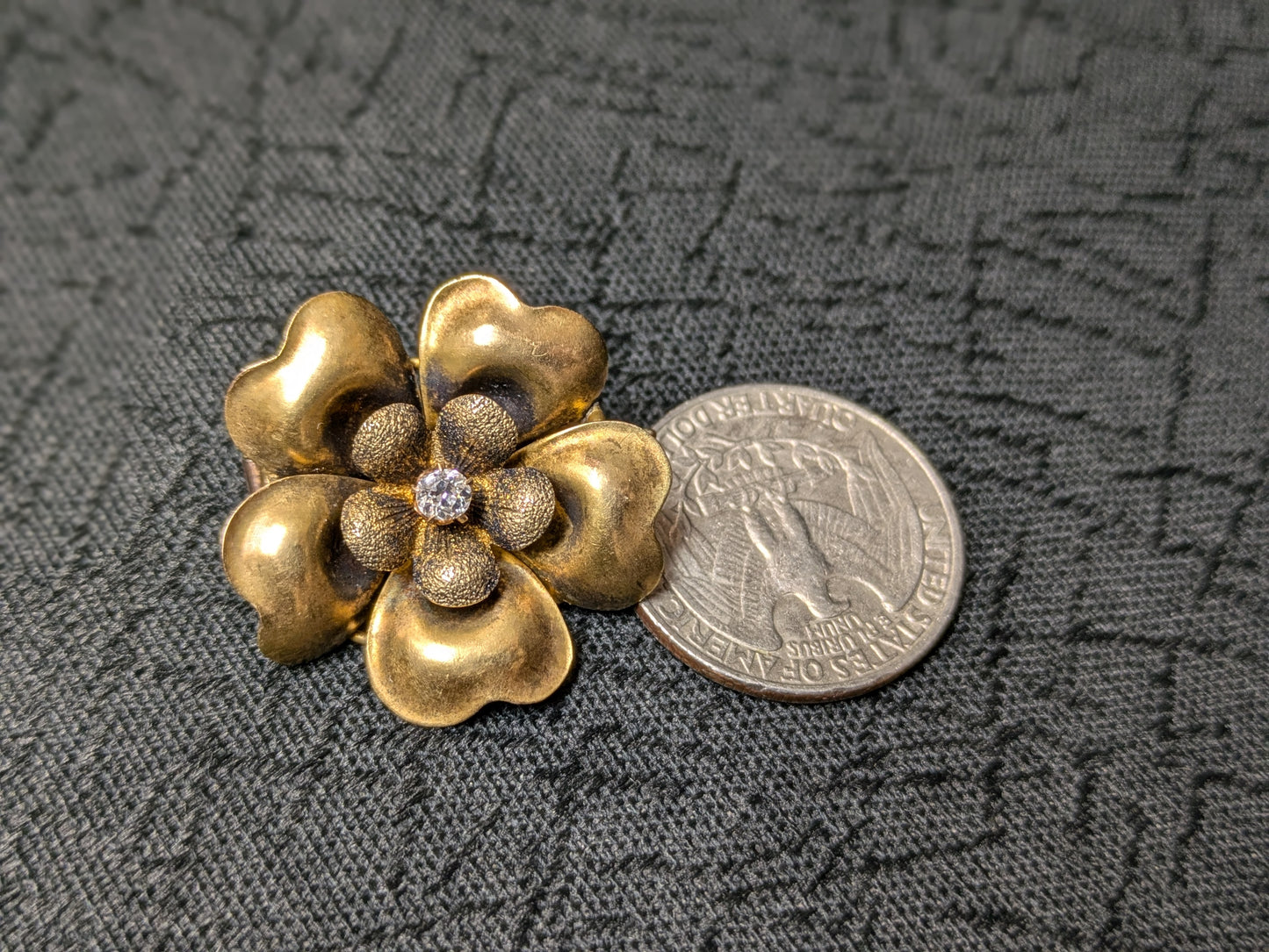 Large Flower Blossom Brooch with Mine Cut Diamond center