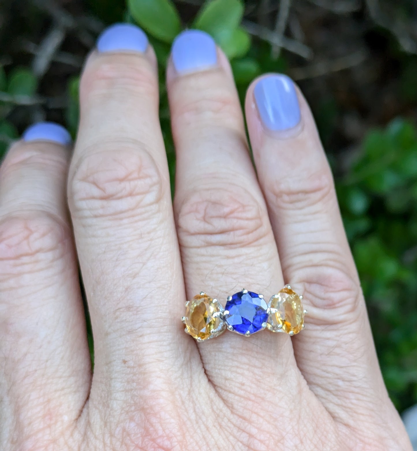 18kt Three Stone Yellow and Blue Sapphire Ring