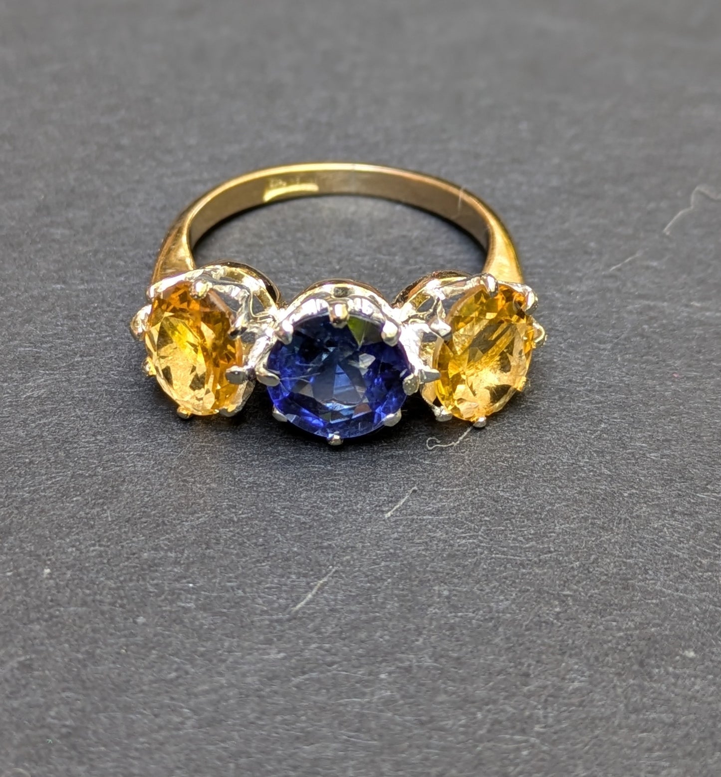 18kt Three Stone Yellow and Blue Sapphire Ring