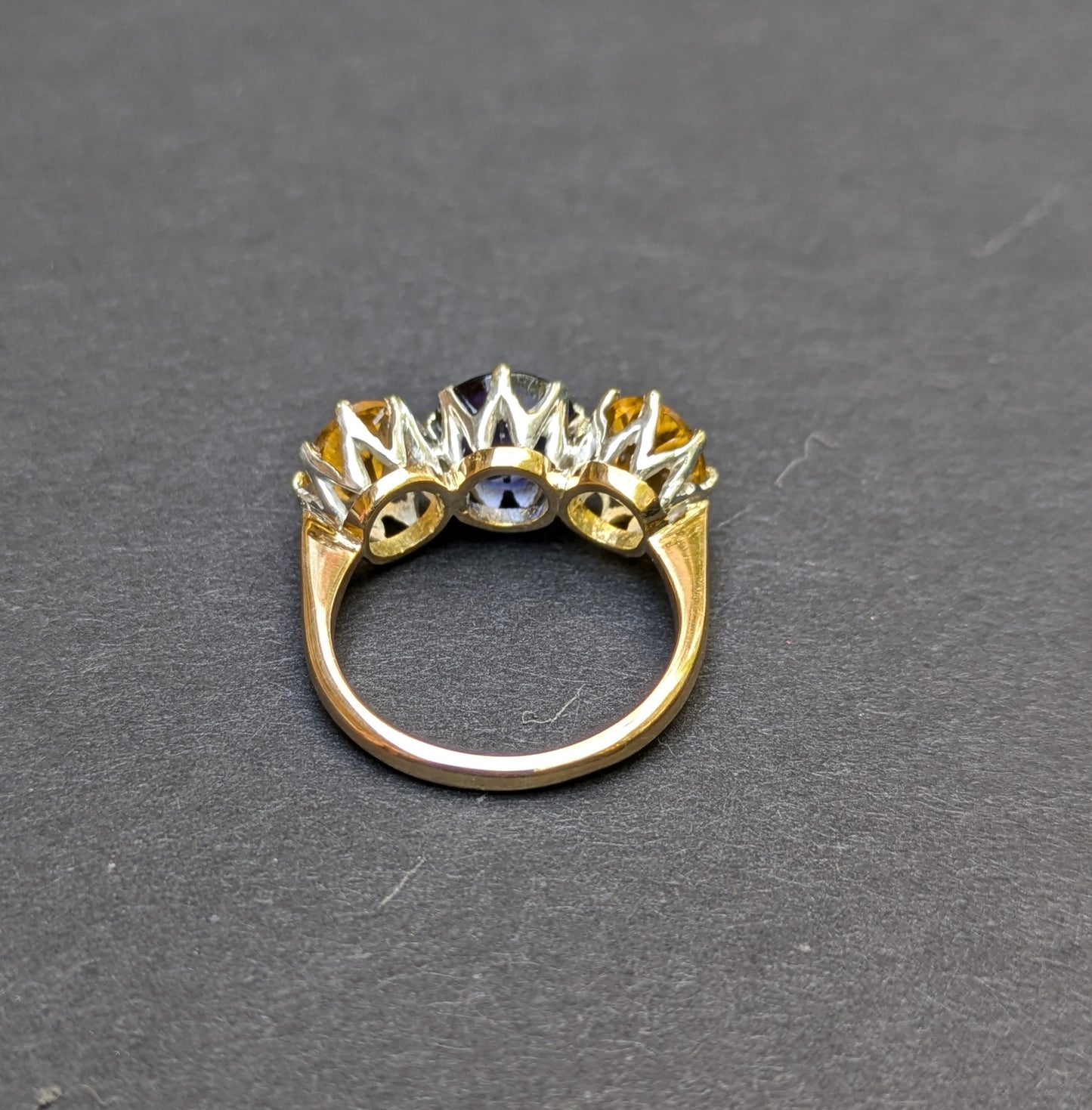 18kt Three Stone Yellow and Blue Sapphire Ring