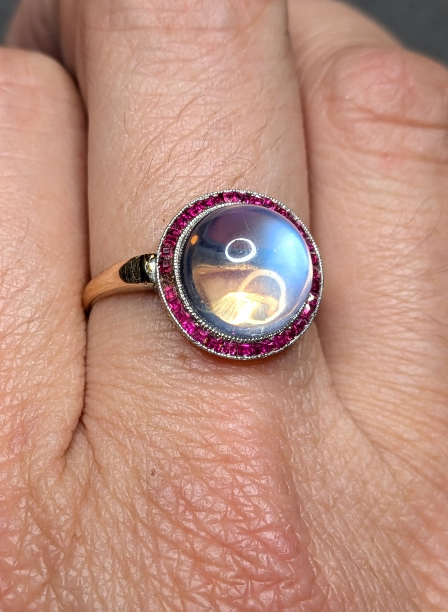 14k Art Deco Moonstone with Ruby Halo Ring Conversion