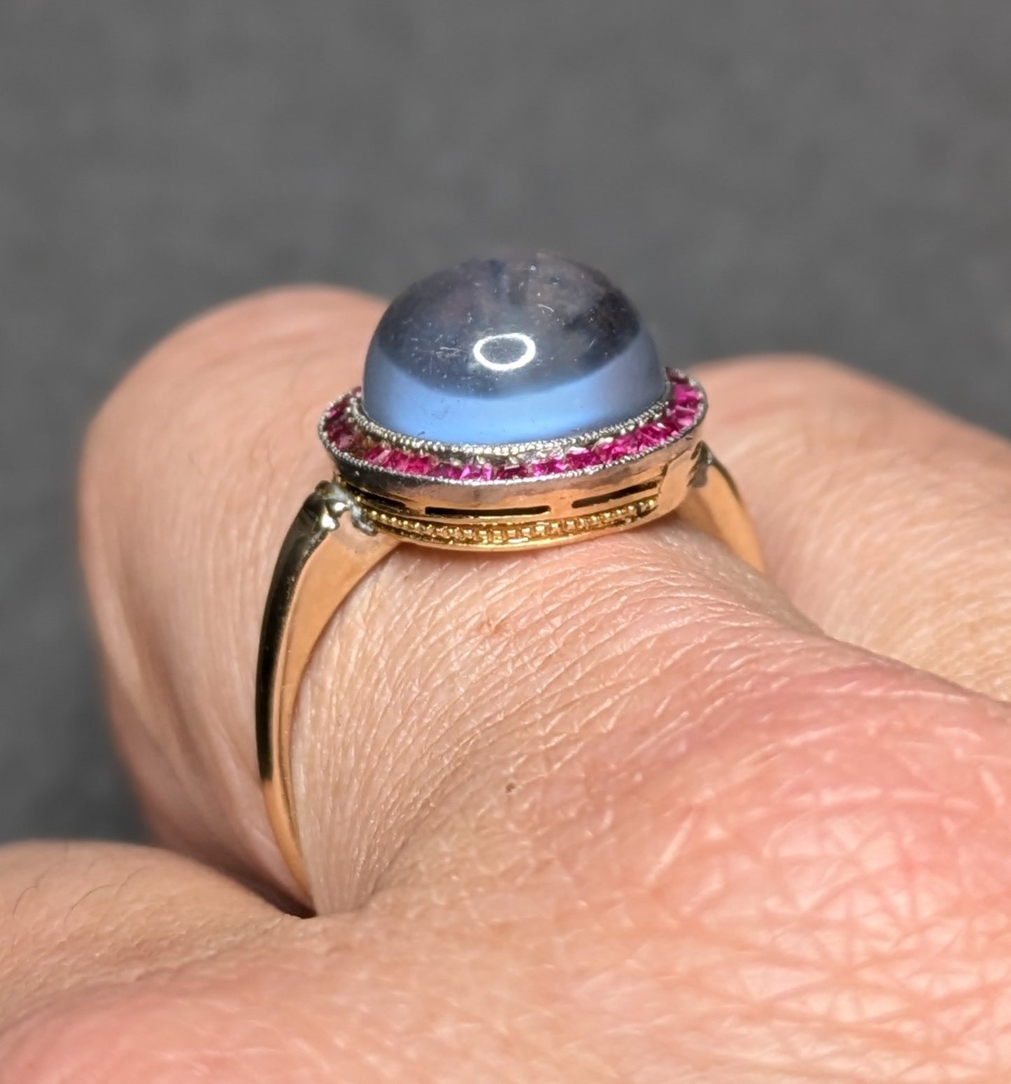 14k Art Deco Moonstone with Ruby Halo Ring Conversion