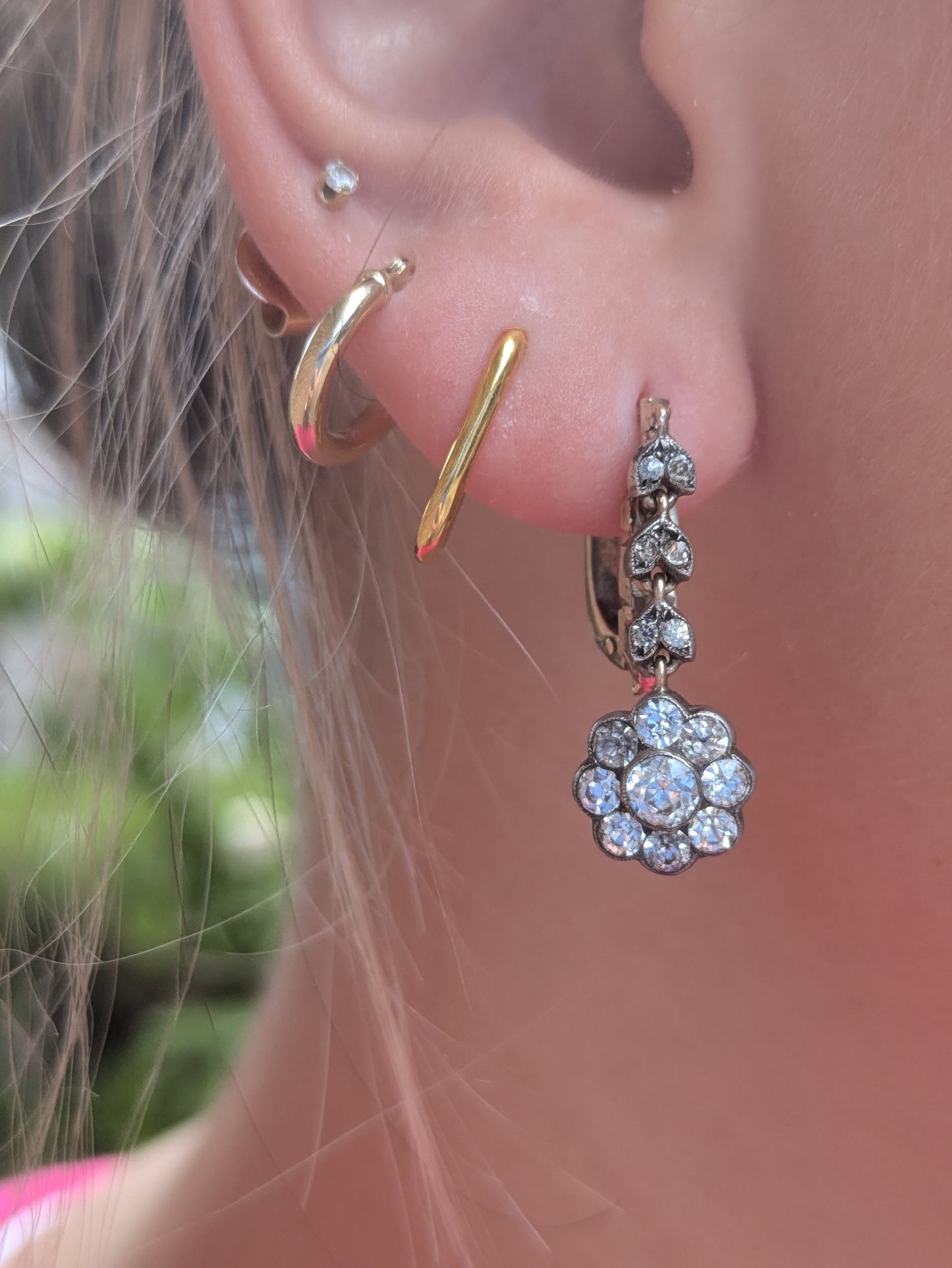 Sterling Silver and 14k Victorian Paste Floral Dangle Earrings