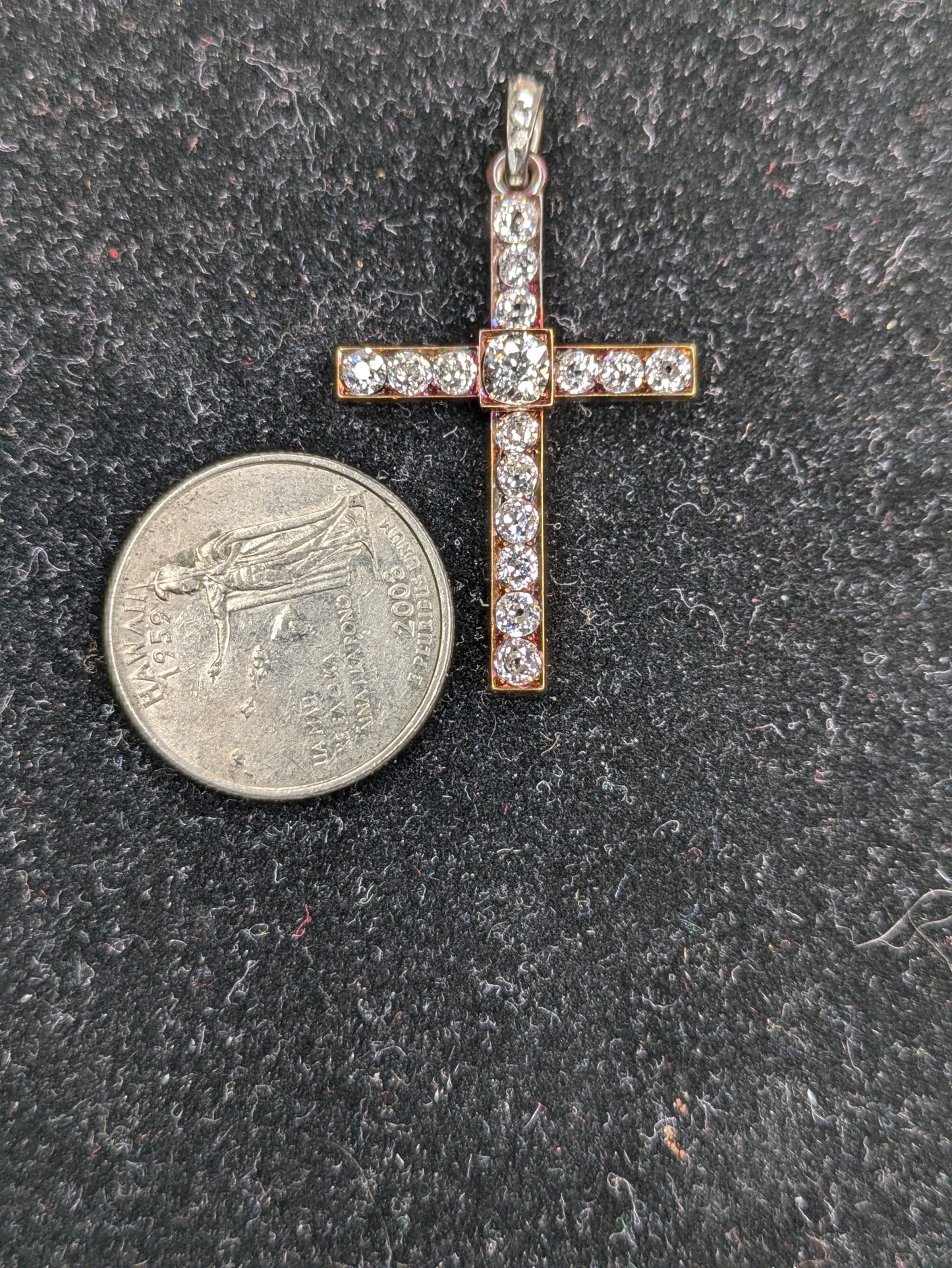 14k Gold and Silver Mine Cut Diamond Cross Pendant