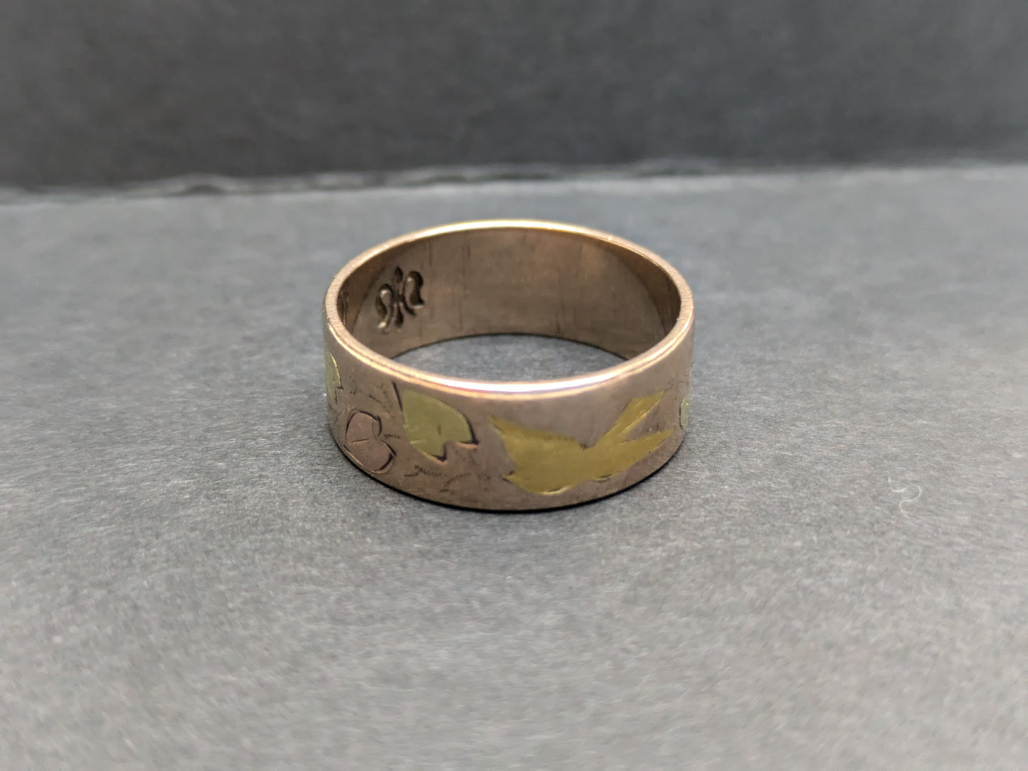 14k Wide Three-Color Gold Ring/Band with Swallow