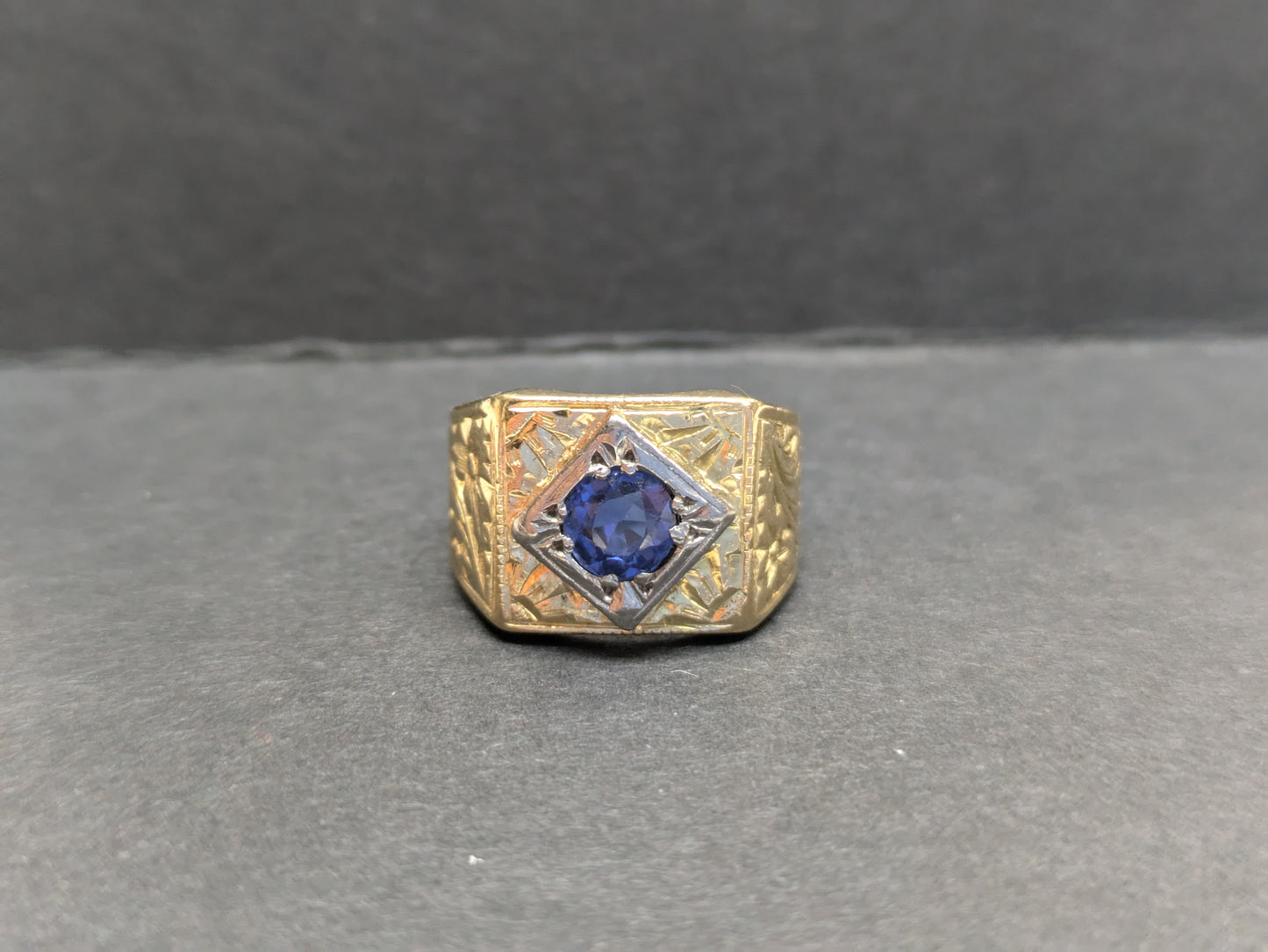 18k Yellow Gold Hand Engraved Pinky Ring with Sapphire Center