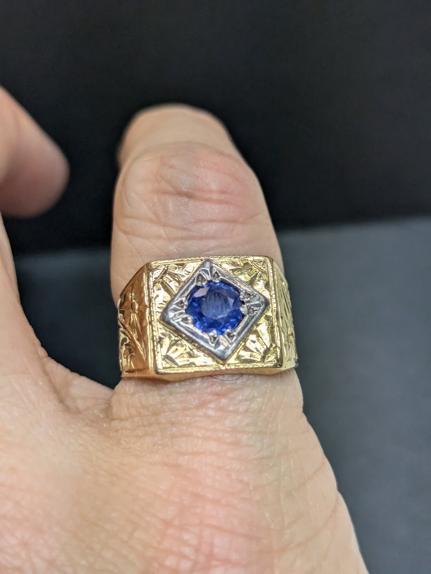 18k Yellow Gold Hand Engraved Pinky Ring with Sapphire Center