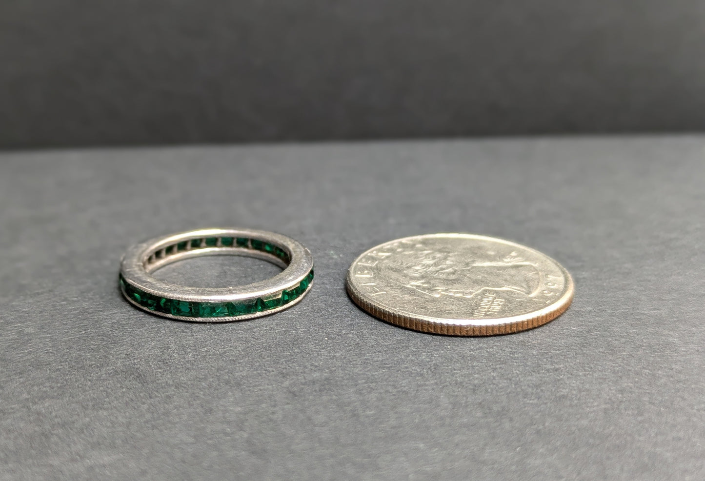 14k White Gold Milgrain Eternity Band with Green Crystal